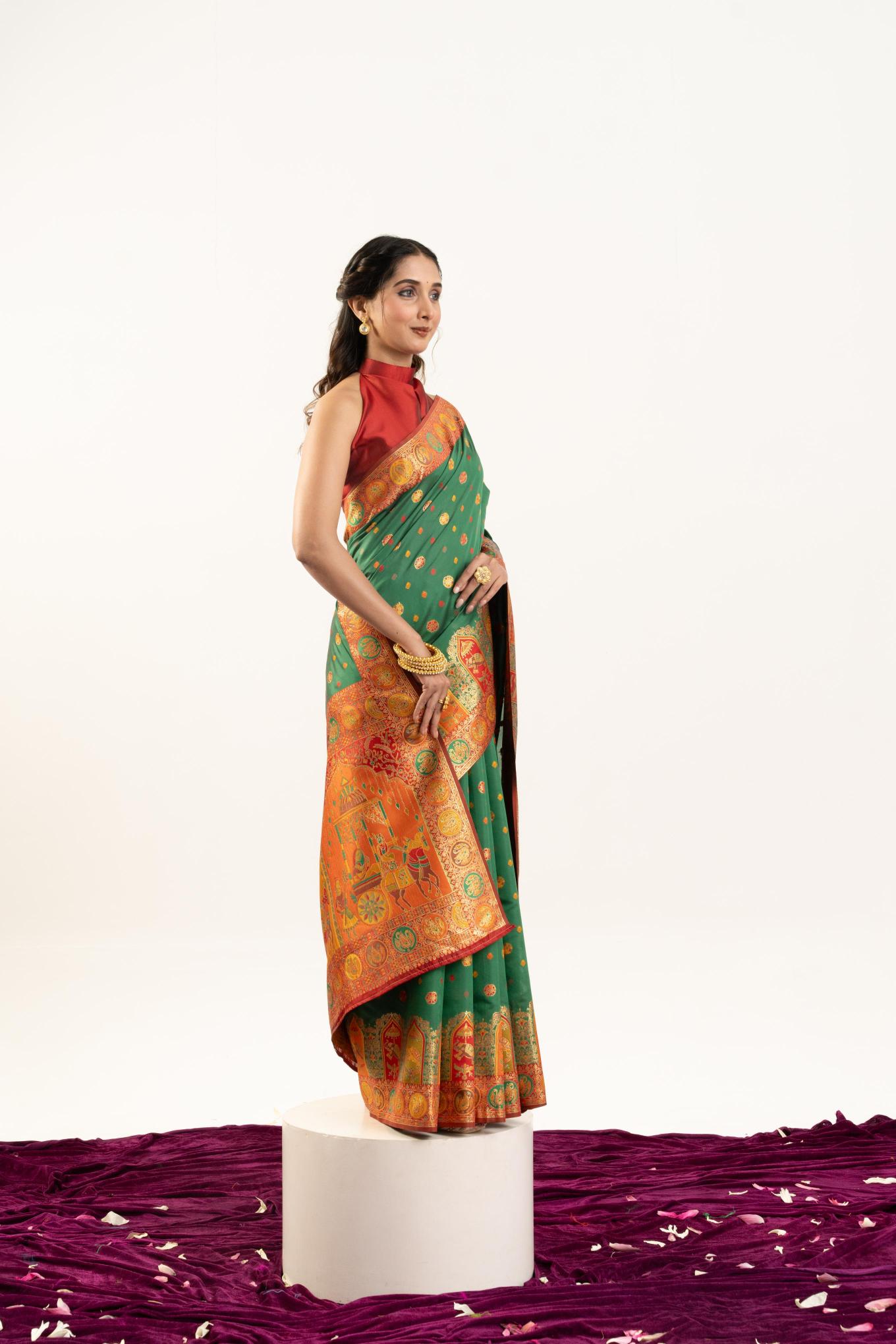 Green N Red Banarasi Pashmina Silk Saree — alternate view