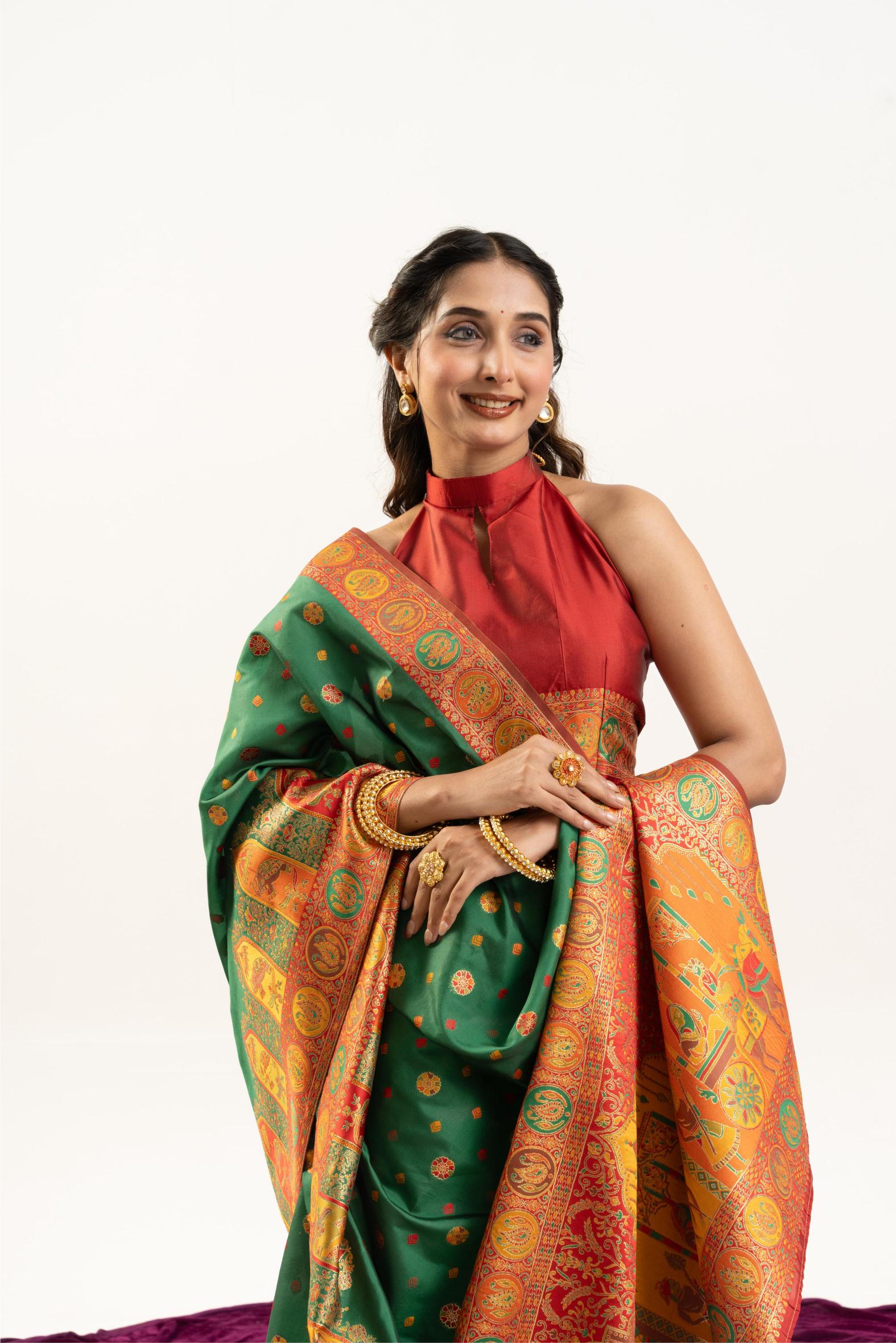 Green N Red Banarasi Pashmina Silk Saree