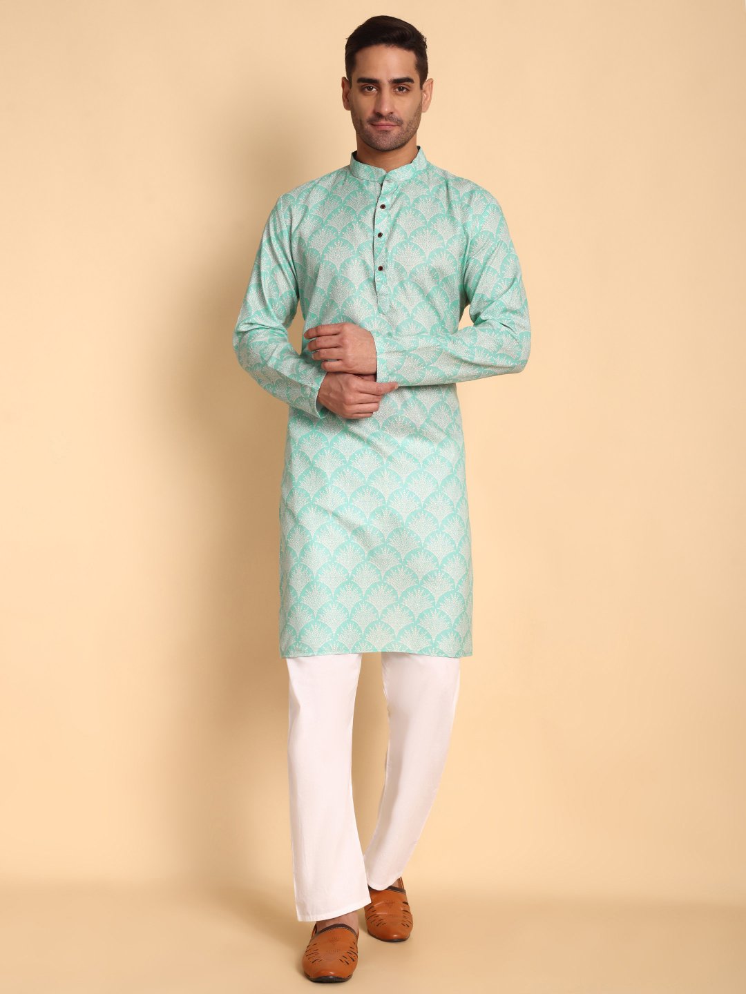 Green Nature Inspired Printed Cotton Kurta Pyjama