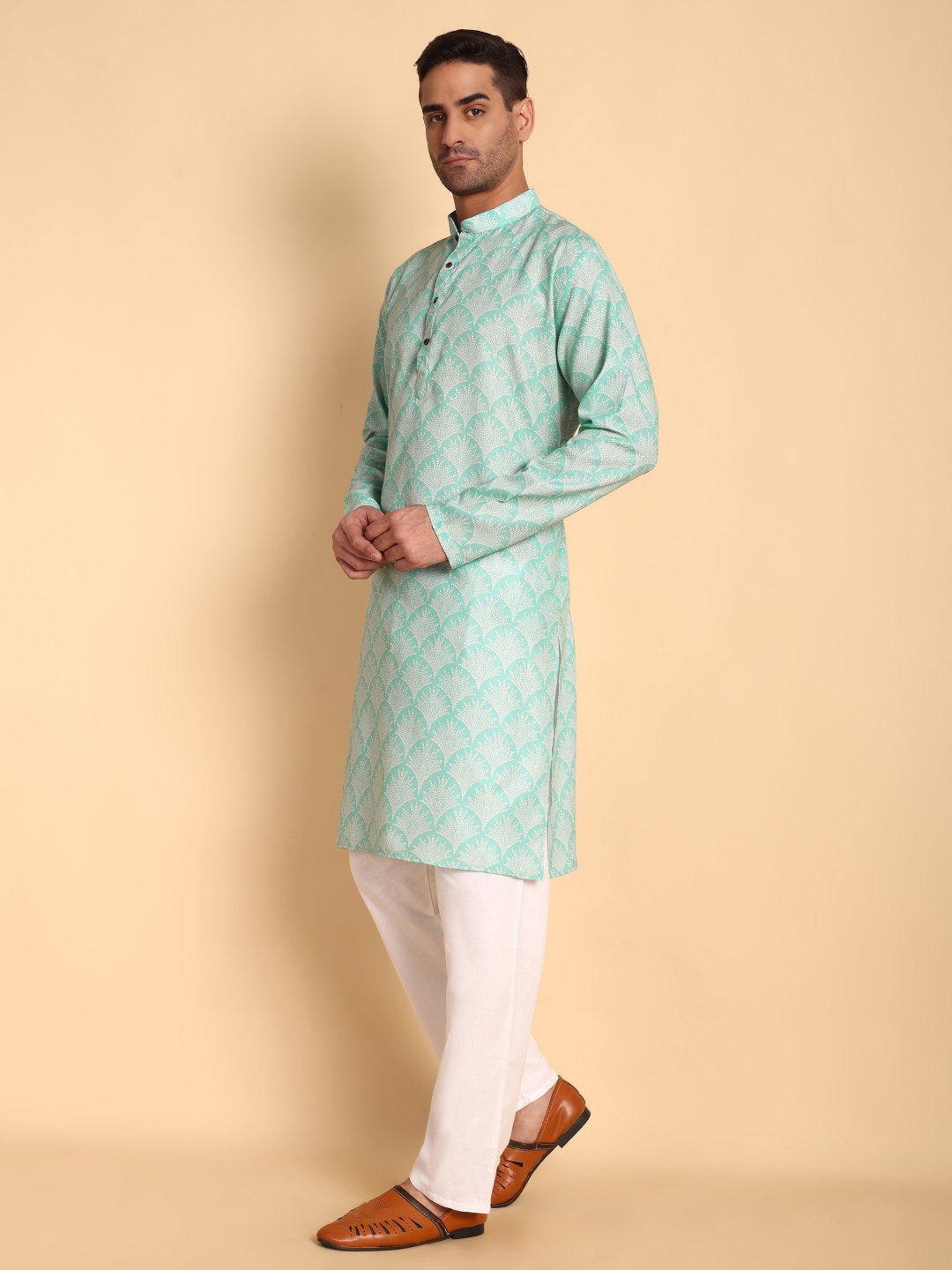 Green Nature Inspired Printed Cotton Kurta Pyjama