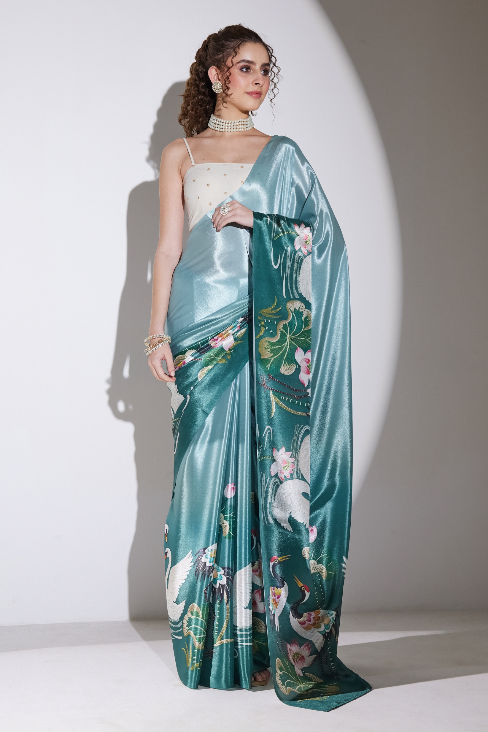 Green Nature Printed Silk Blend Ready To Wear Saree
