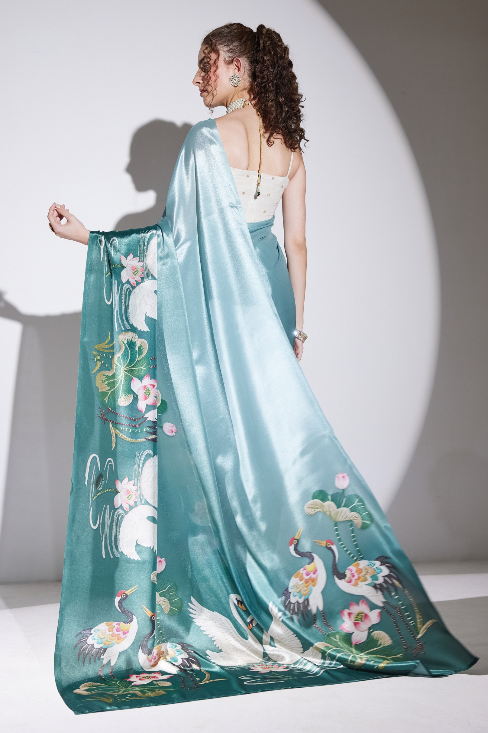 Green Nature Printed Silk Blend Ready To Wear Saree — alternate view