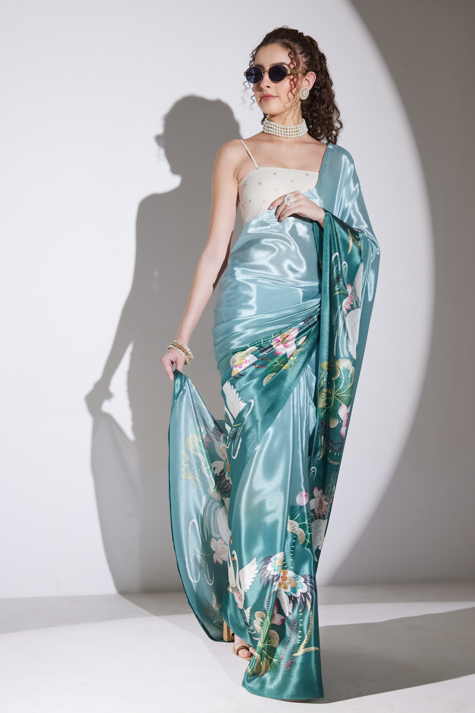 Green Nature Printed Silk Blend Ready To Wear Saree