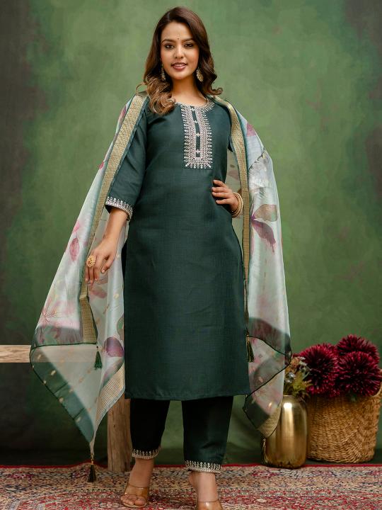 Green Off White Cotton Readymade Suit