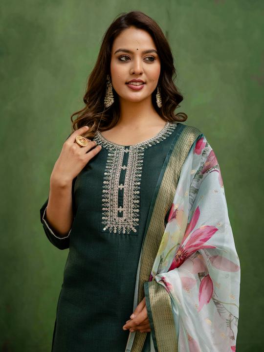 Green Off White Cotton Readymade Suit