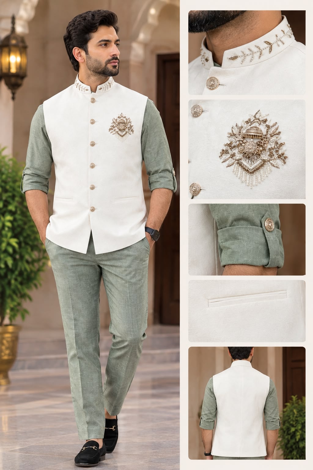 Green Off White Hand Designer Viscose Linen Shirt Pyjama