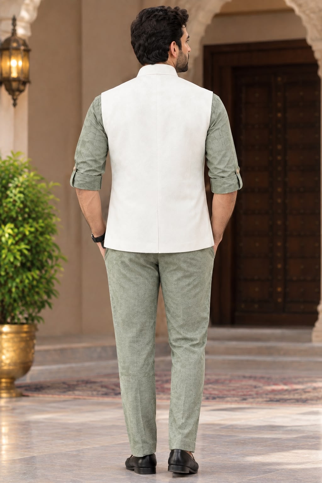 Green Off White Hand Designer Viscose Linen Shirt Pyjama — alternate view