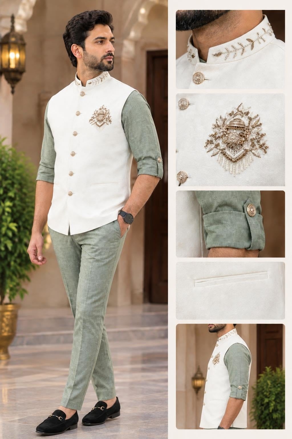 Green Off White Hand Designer Viscose Linen Shirt Pyjama