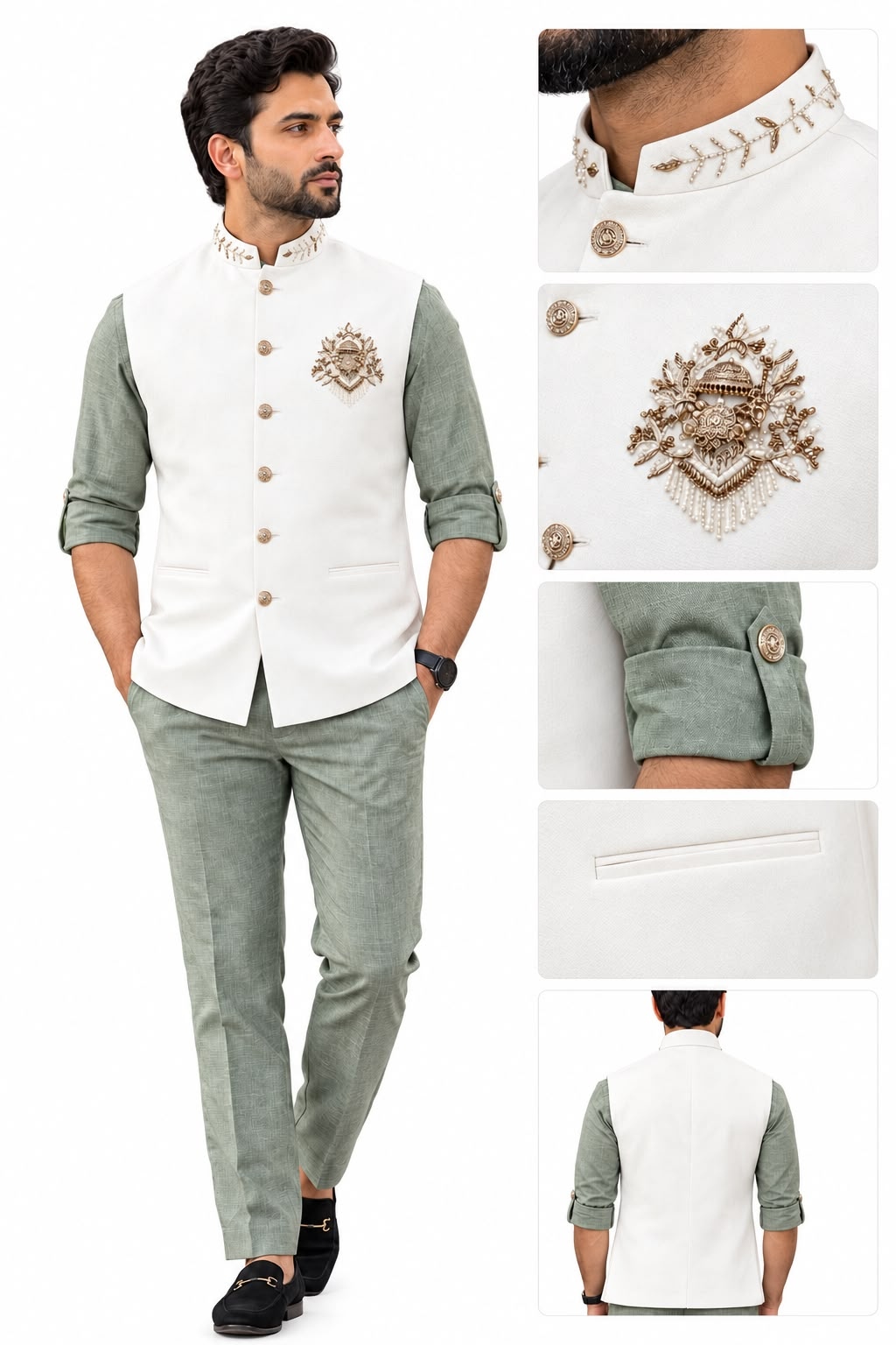 Green Off White Hand Designer Viscose Linen Shirt Pyjama
