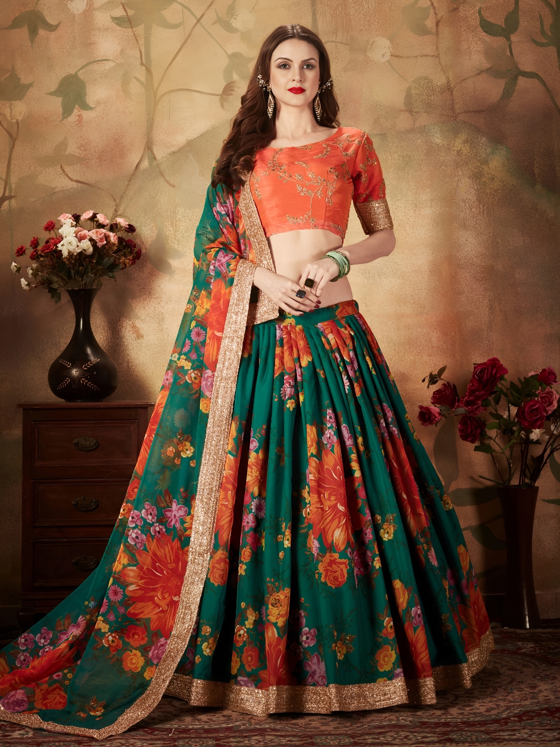 Green Orange Floral Organza Lehenga Choli