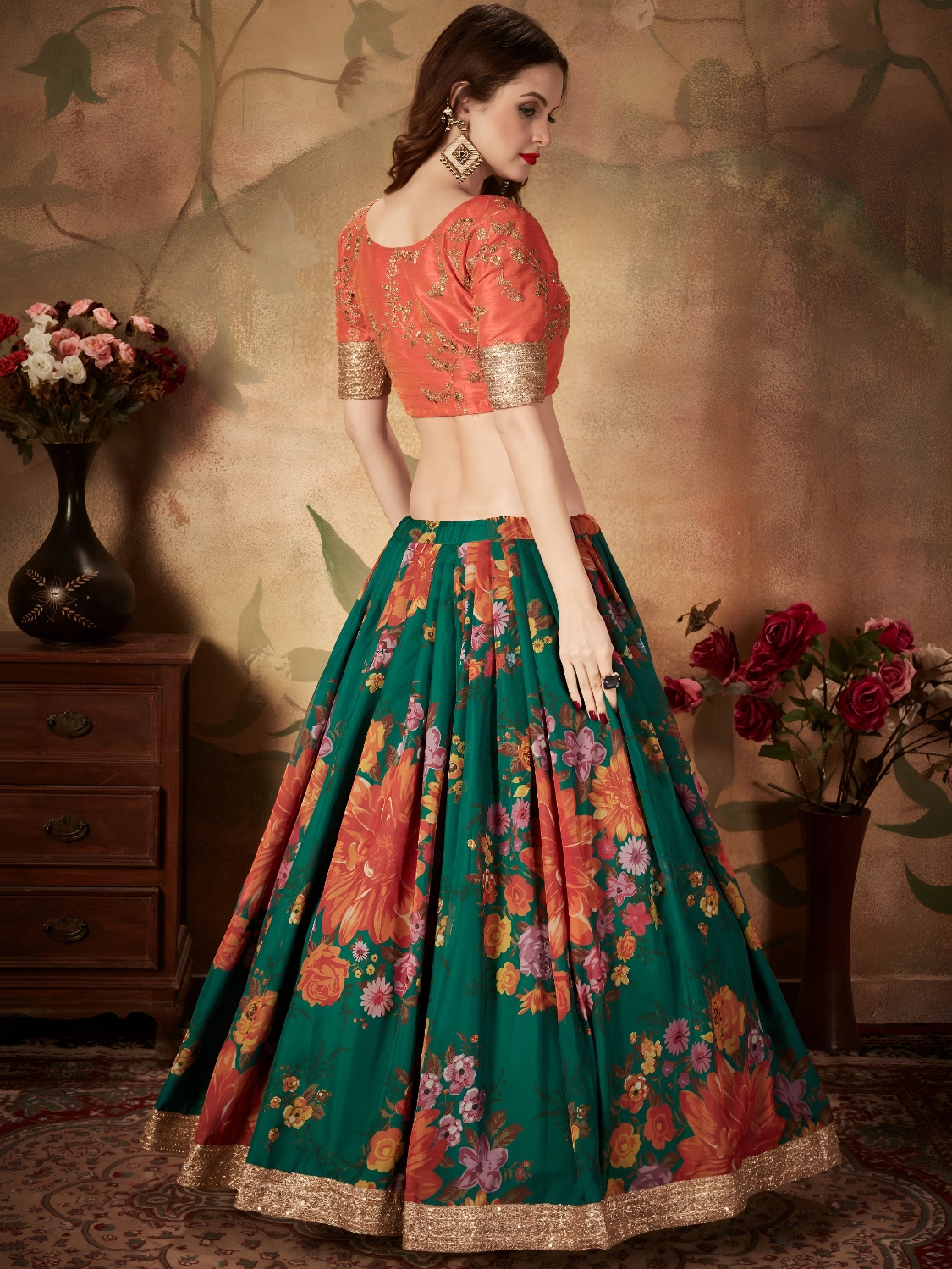 Green Orange Floral Organza Lehenga Choli — alternate view
