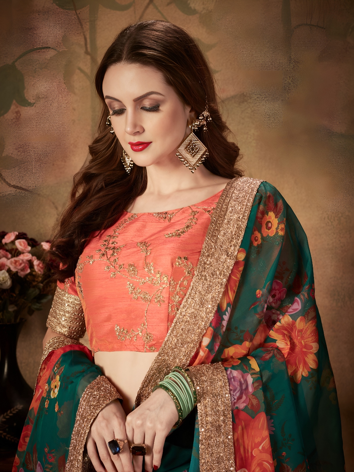 Green Orange Floral Organza Lehenga Choli