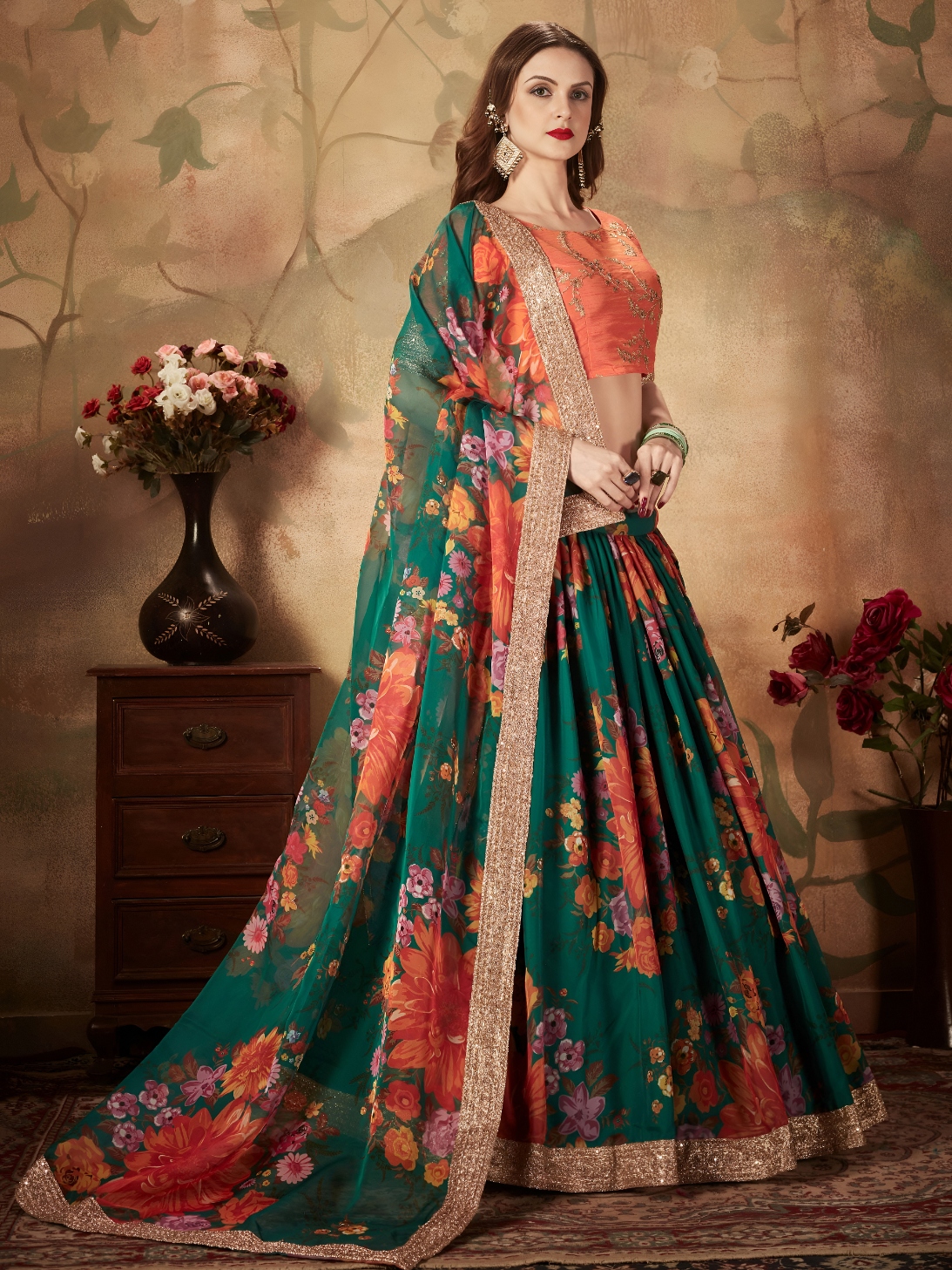 Green Orange Floral Organza Lehenga Choli