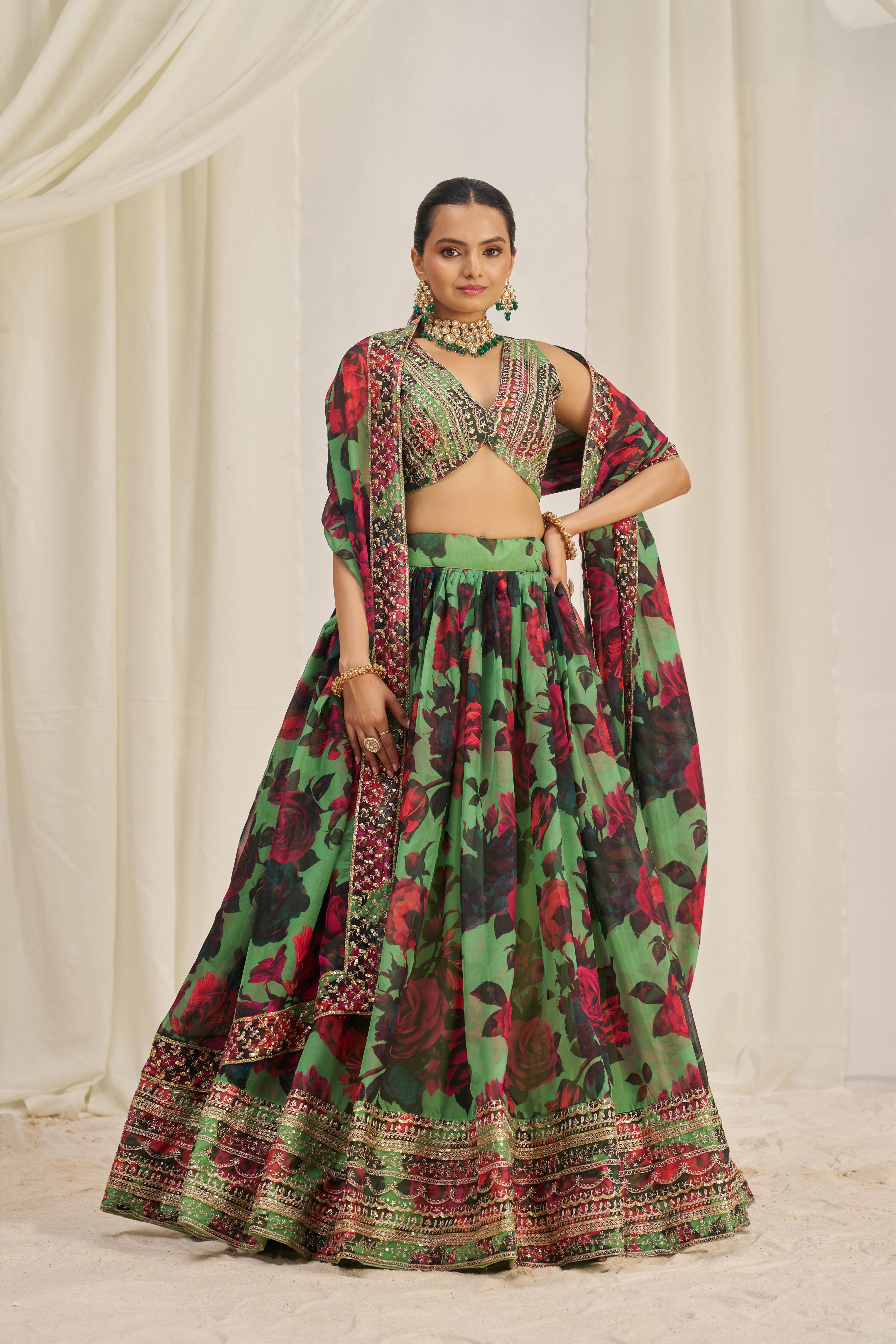 Green Organza Printed Lehenga