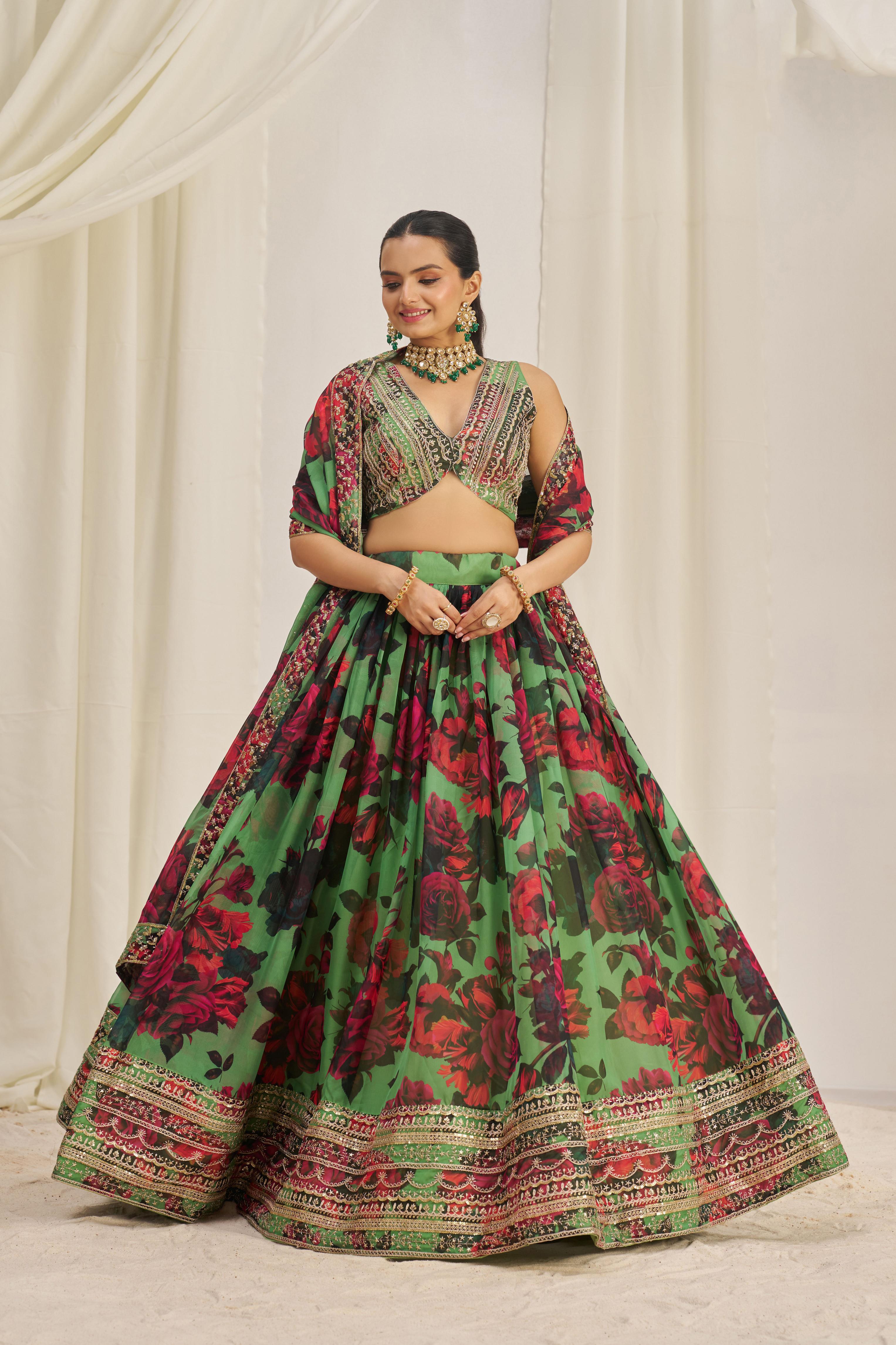 Green Organza Printed Lehenga