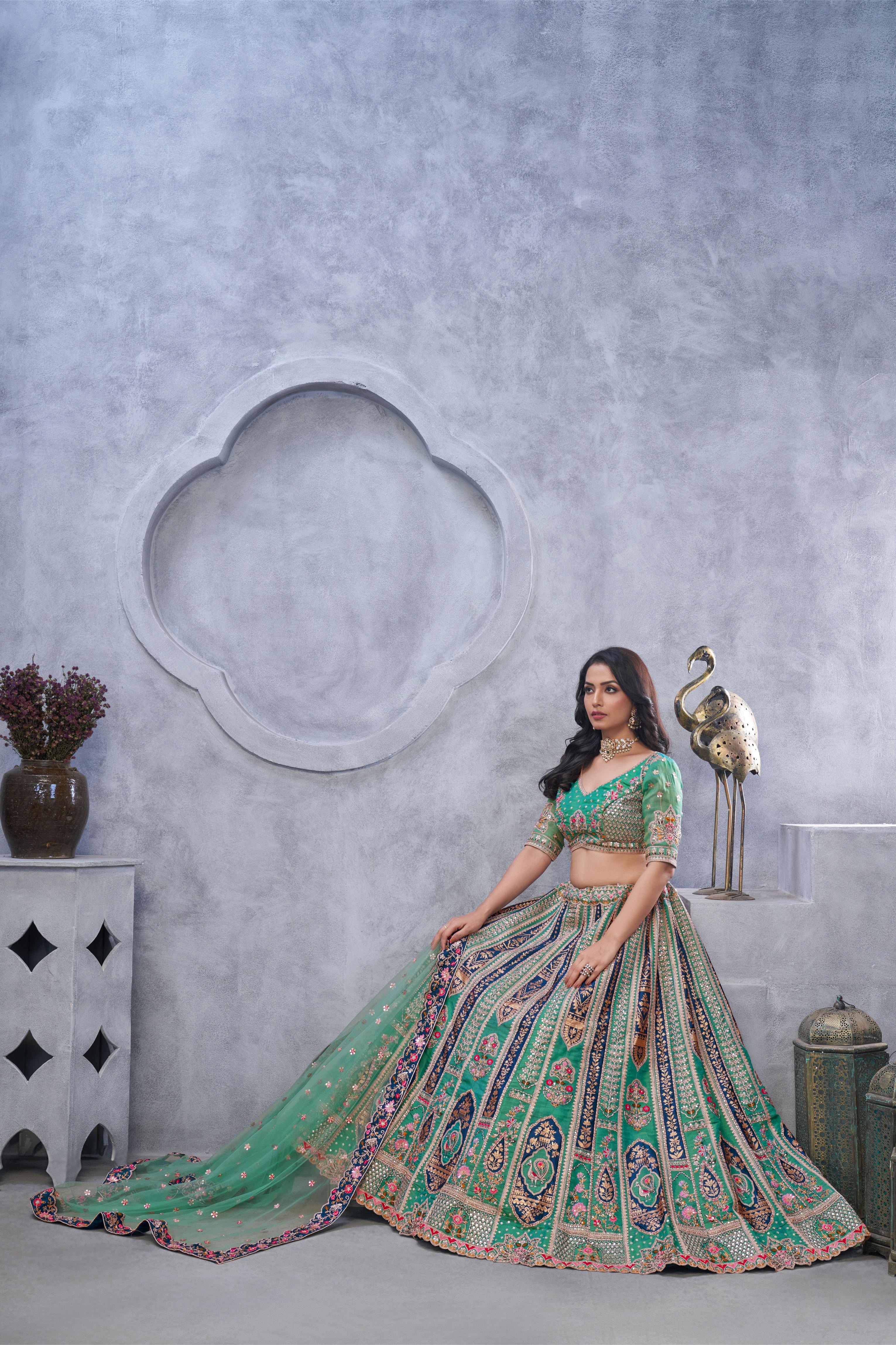 Green Organza Silk Wedding Lehenga