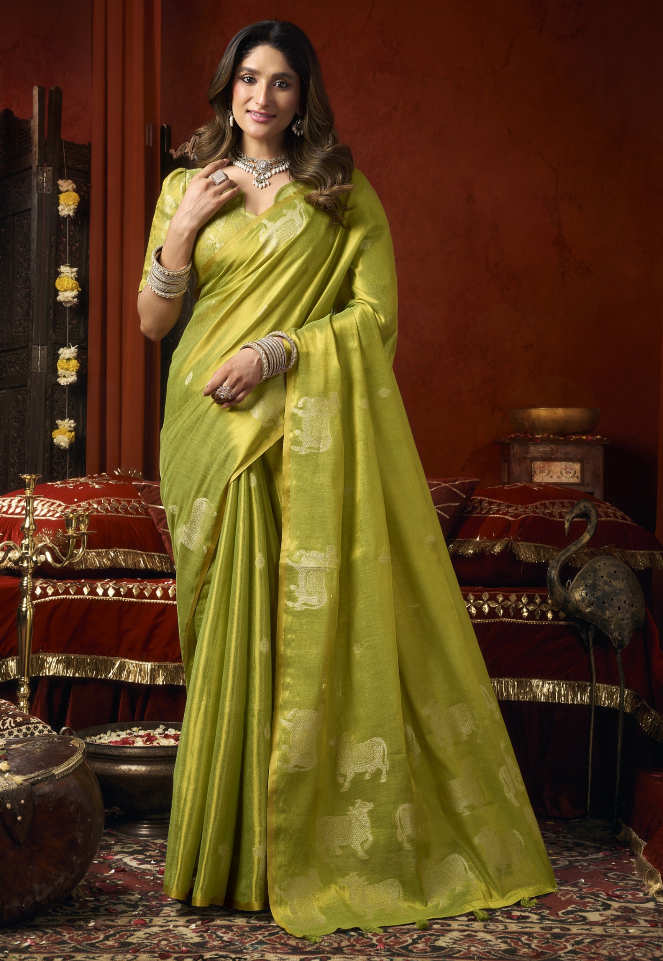 Green Paisley Cow Butta Heavy Tissue Silk Saree