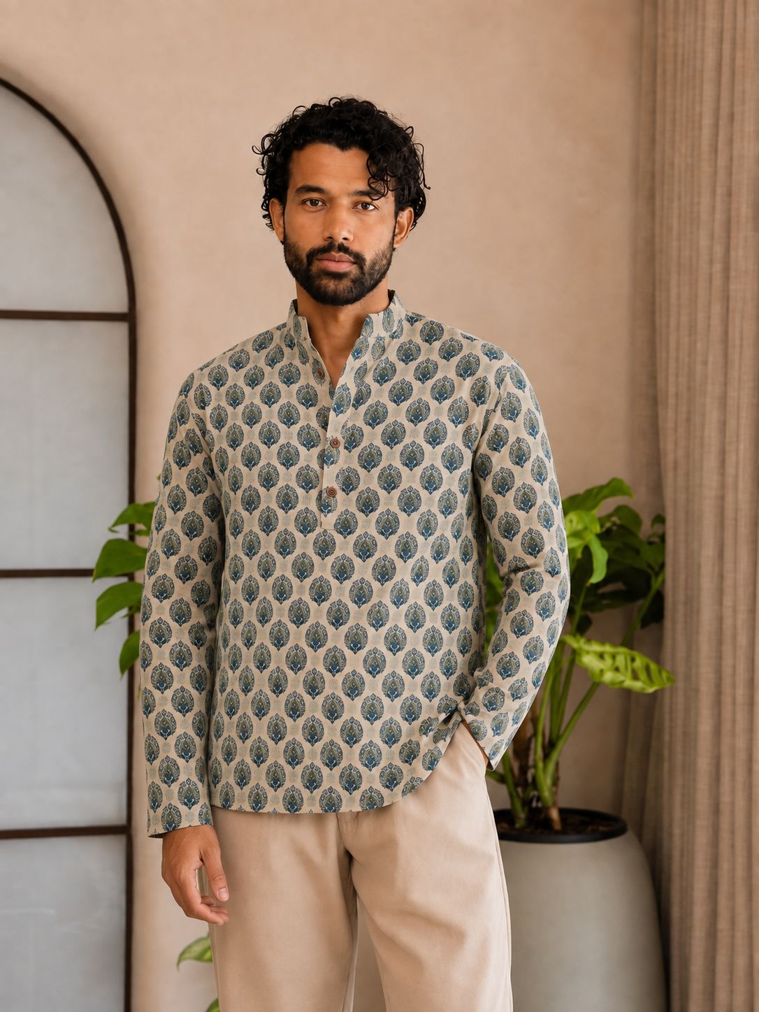Green Paisley Designer Printed Linen Short Kurta