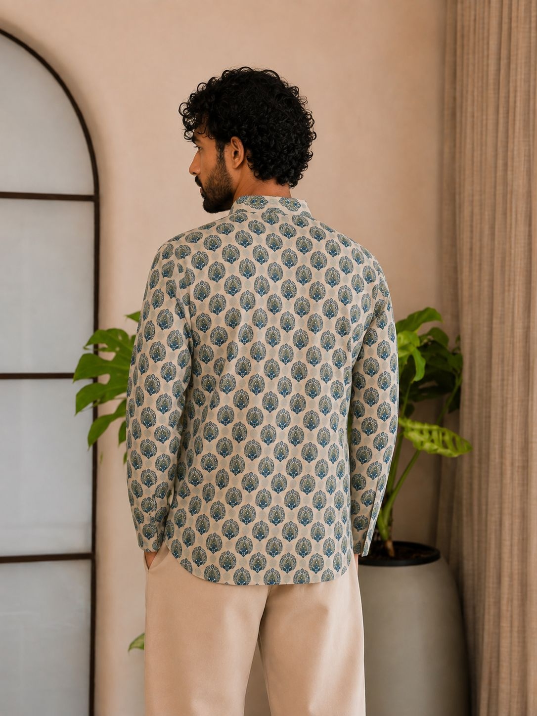 Green Paisley Designer Printed Linen Short Kurta — alternate view