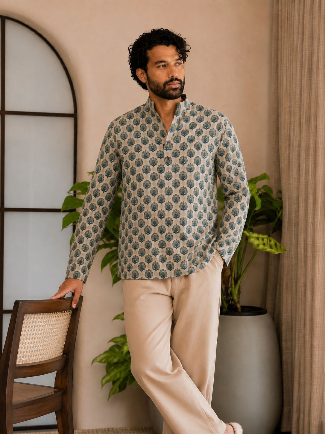 Green Paisley Designer Printed Linen Short Kurta