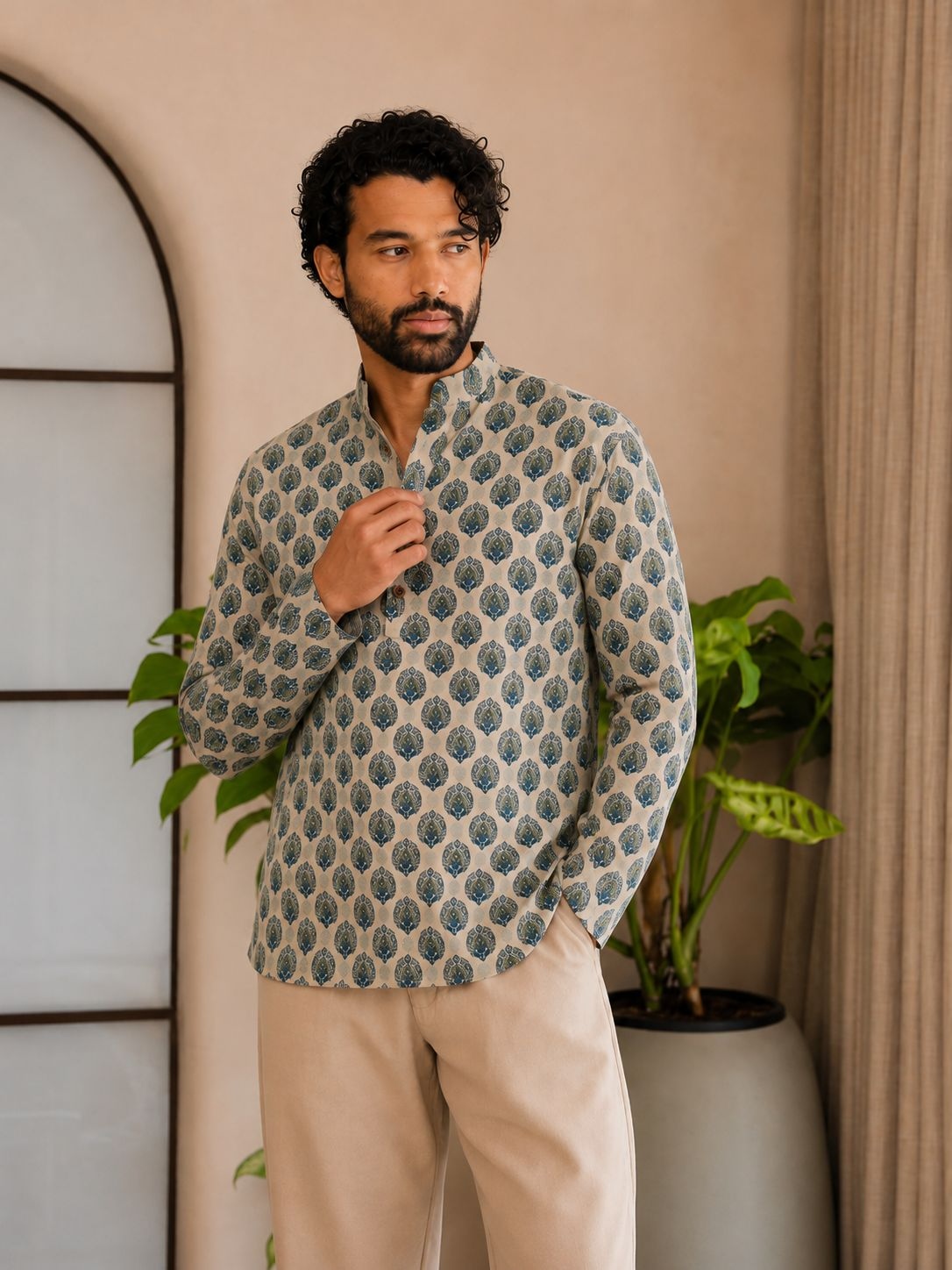 Green Paisley Designer Printed Linen Short Kurta