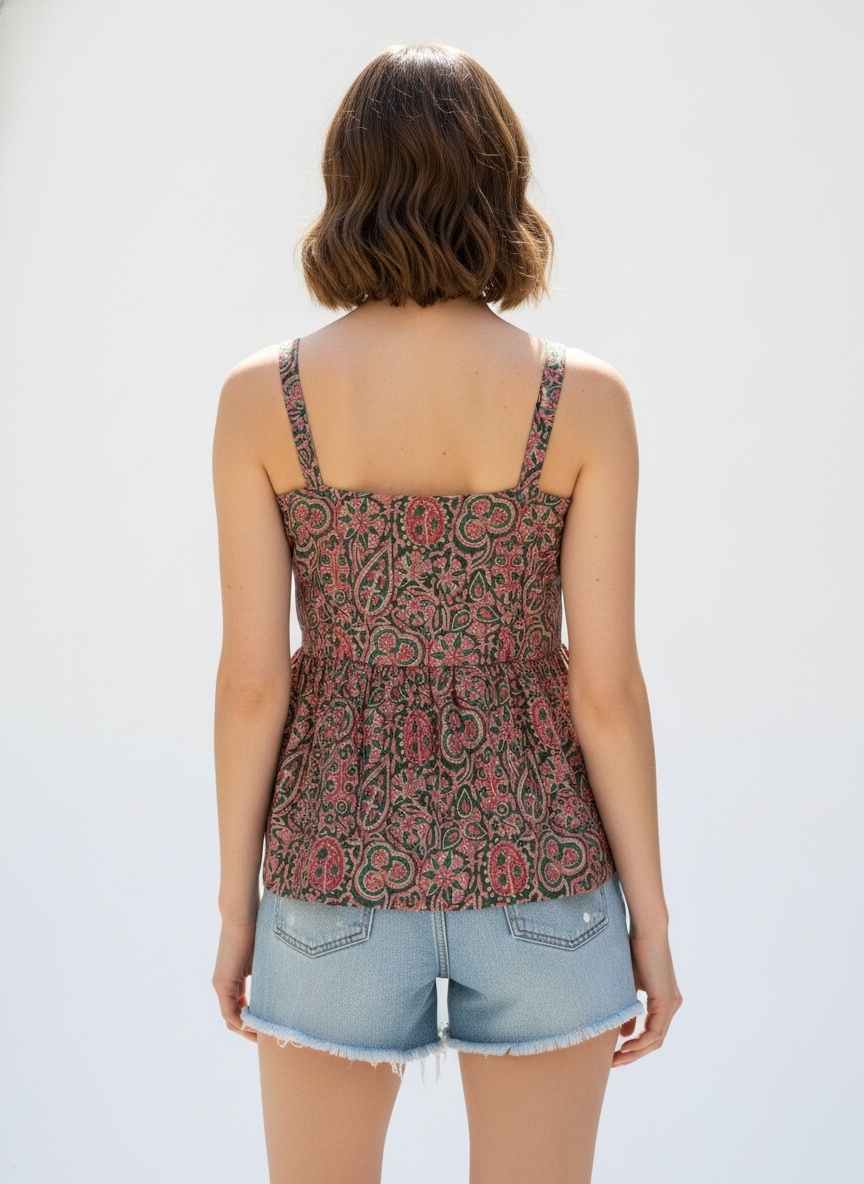 Green Paisley Designer Printed Poly Crepe Camisole Top — alternate view