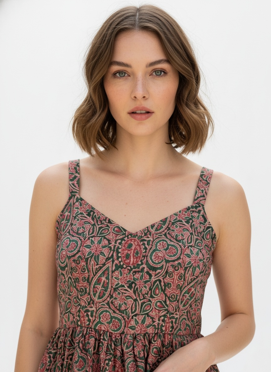 Green Paisley Designer Printed Poly Crepe Camisole Top