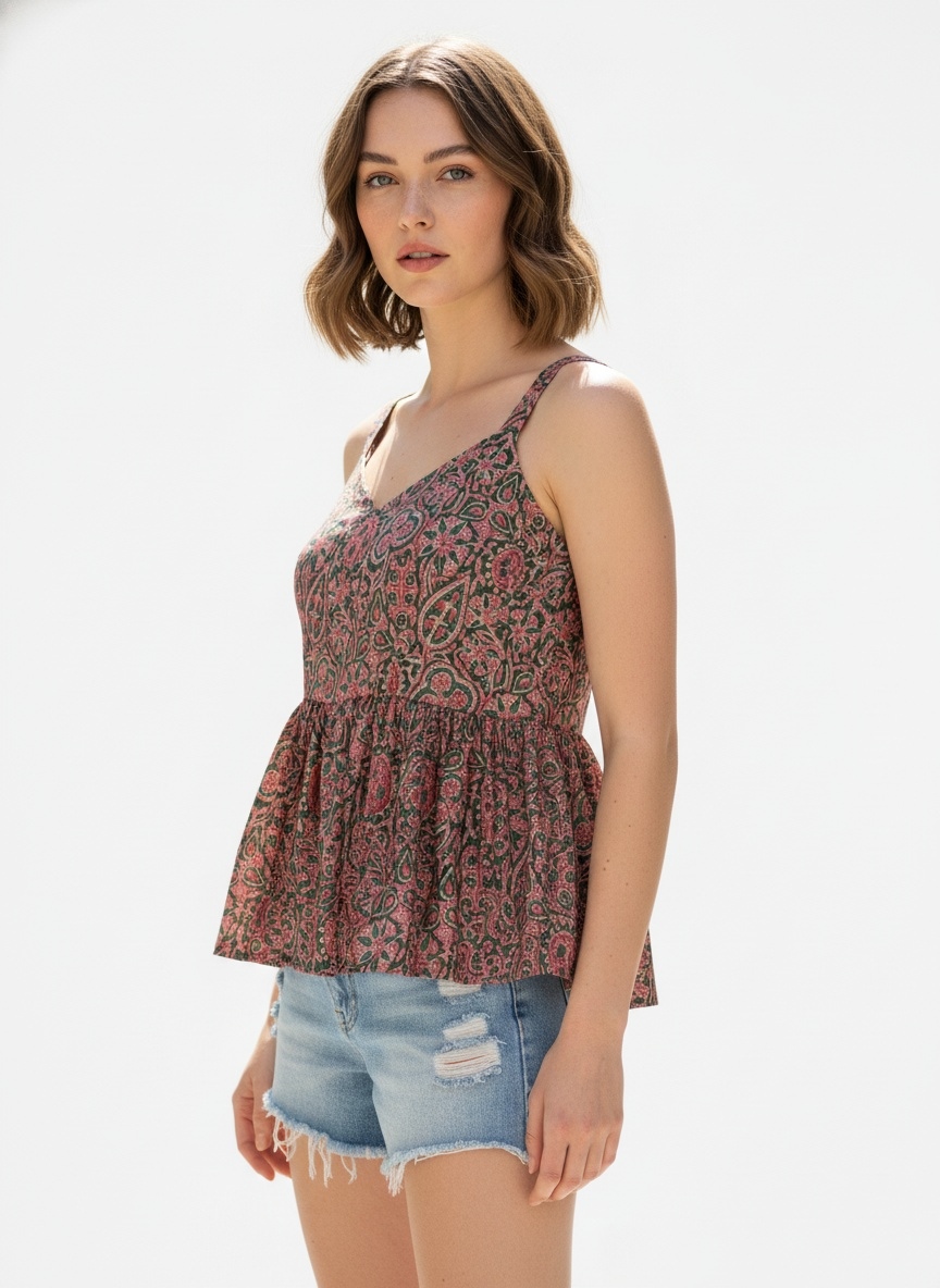 Green Paisley Designer Printed Poly Crepe Camisole Top
