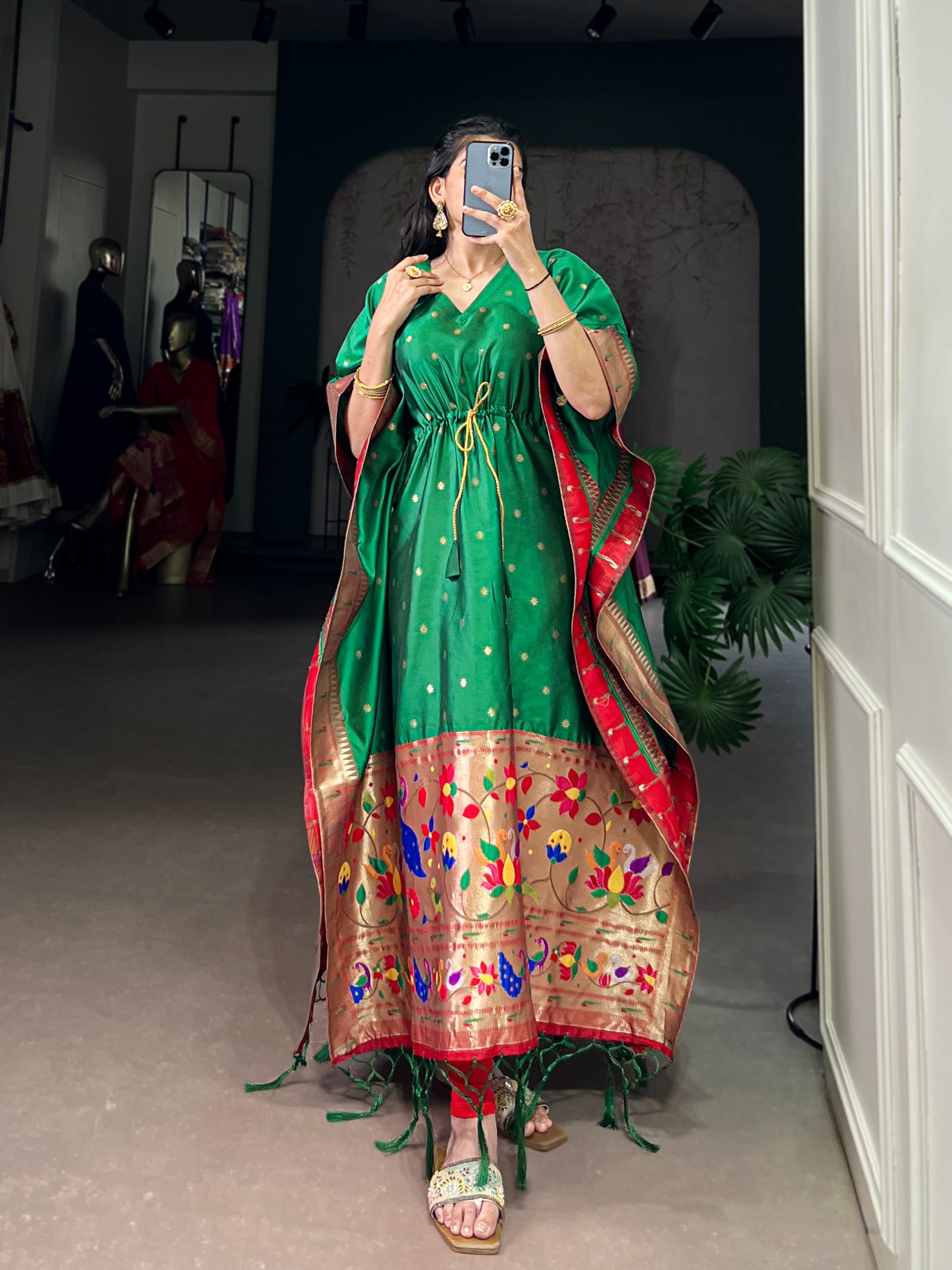 Green Paithani Floral Woven Soft Silk Kaftaan
