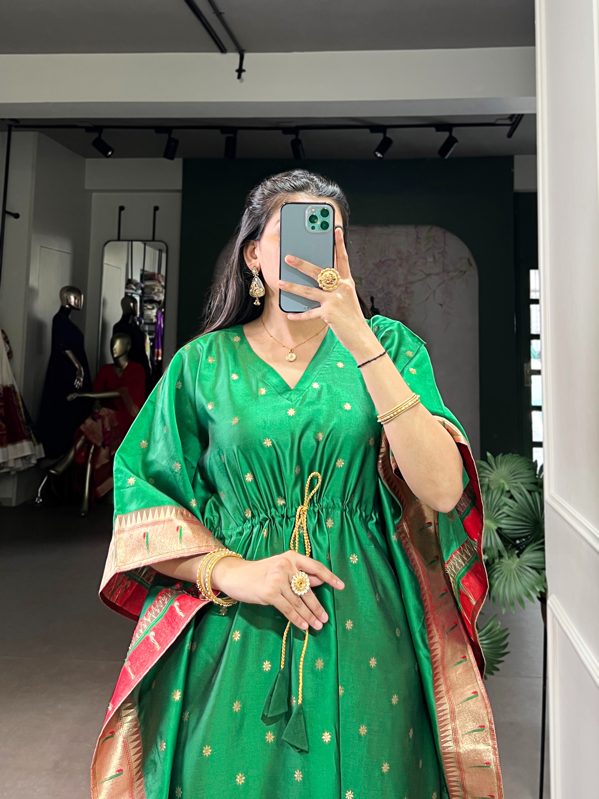 Green Paithani Floral Woven Soft Silk Kaftaan — alternate view