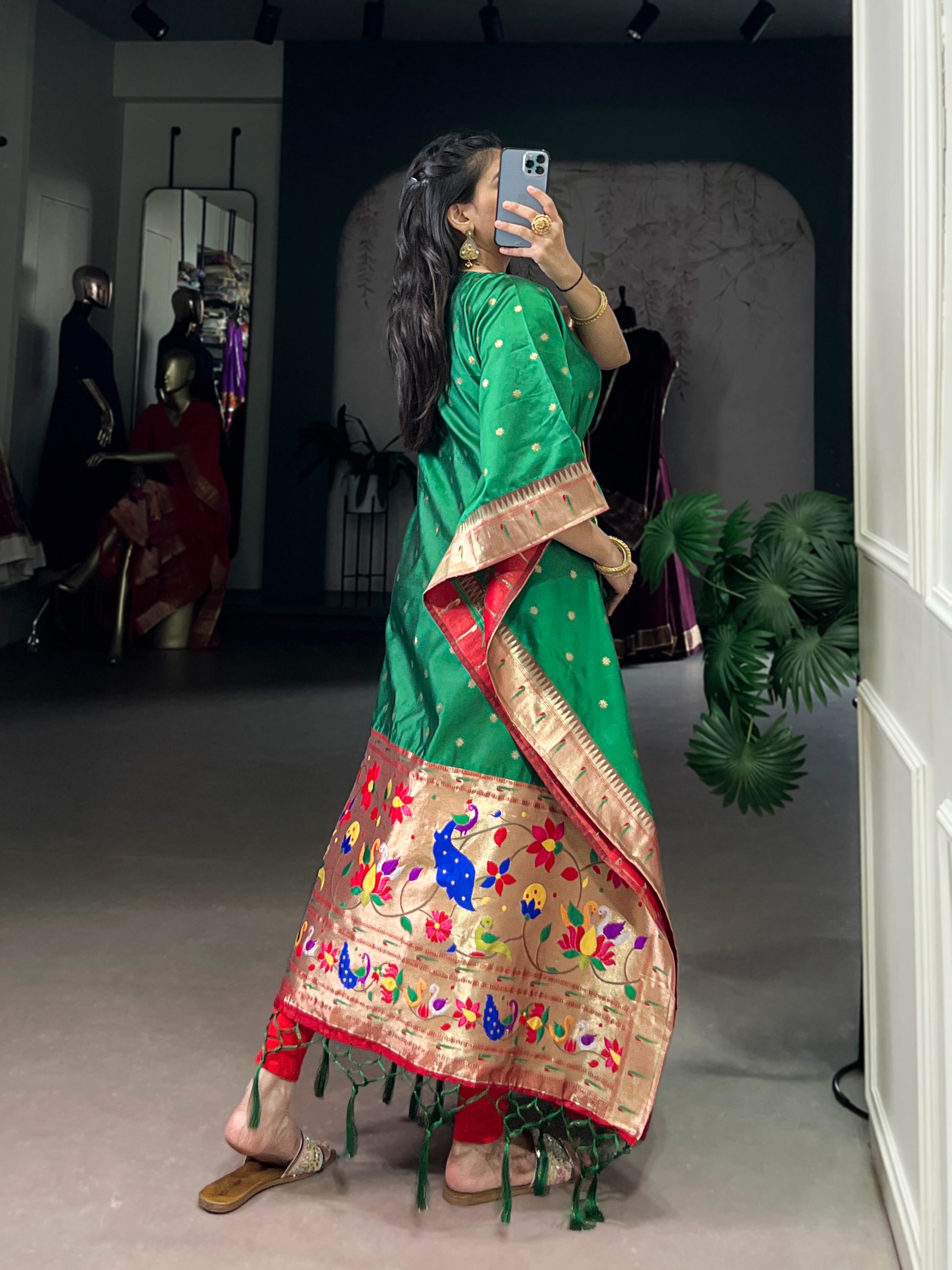 Green Paithani Floral Woven Soft Silk Kaftaan