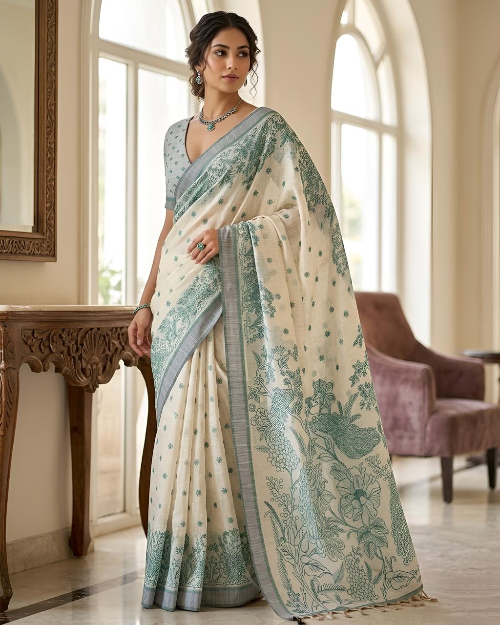 Green Peacock Heritage Printed Linen Saree