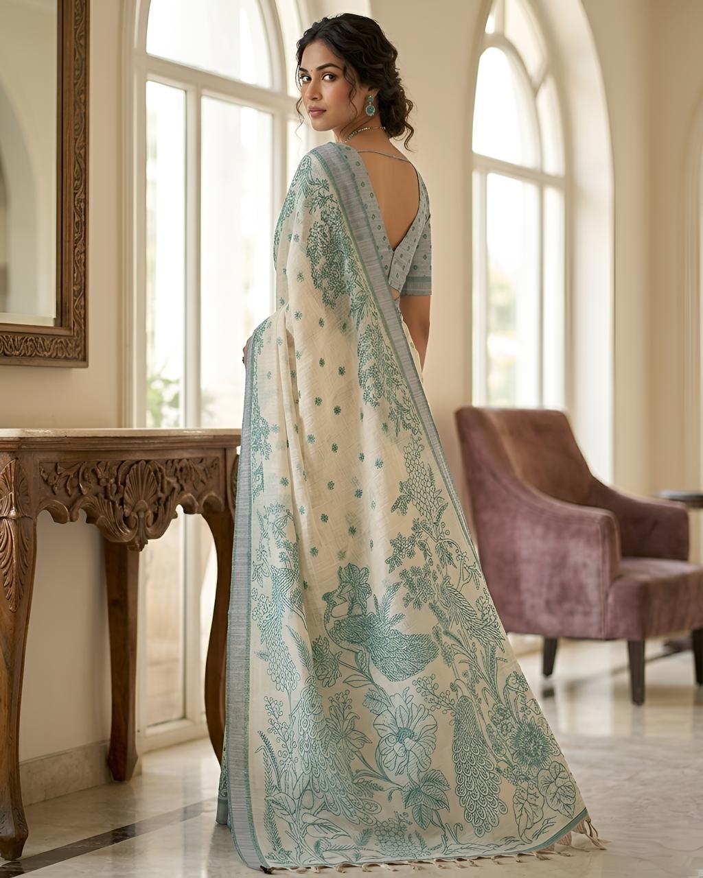 Green Peacock Heritage Printed Linen Saree — alternate view