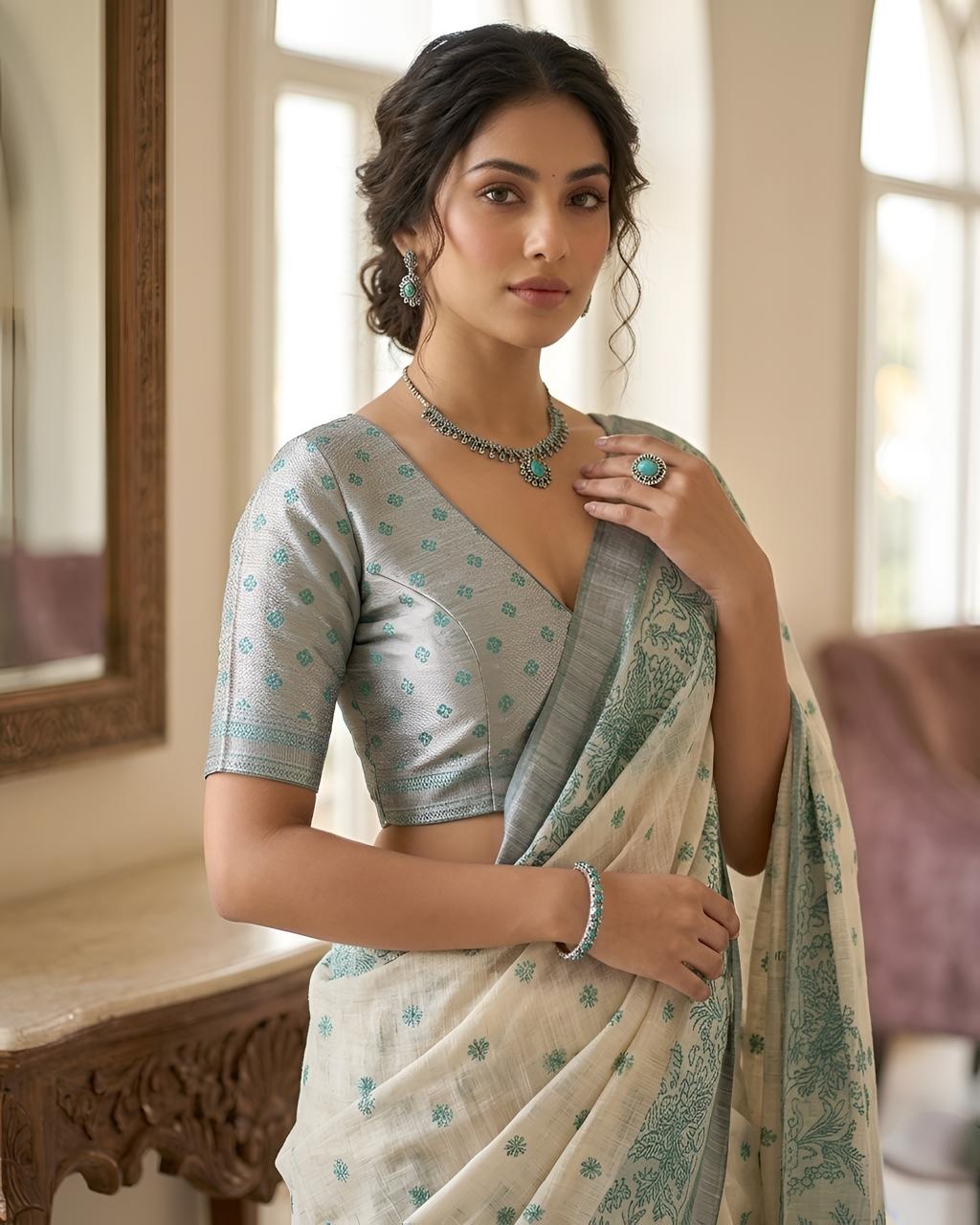Green Peacock Heritage Printed Linen Saree