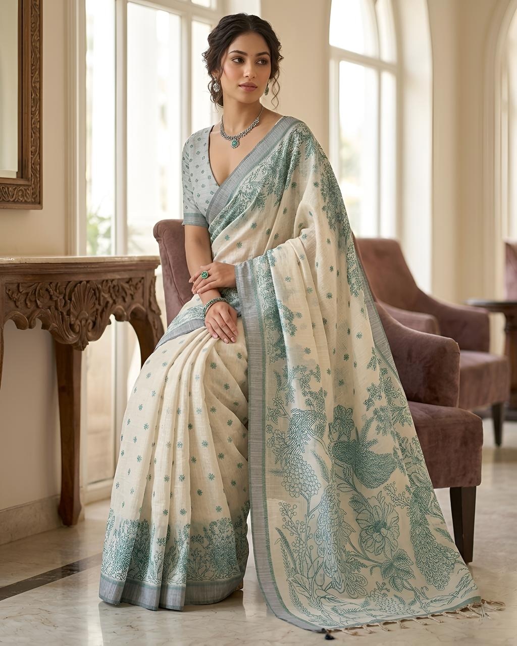 Green Peacock Heritage Printed Linen Saree