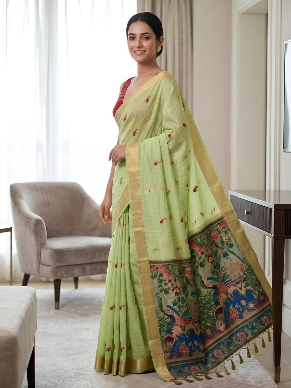 Green Peacock Kalamkari Woven Cotton Silk Saree — alternate view