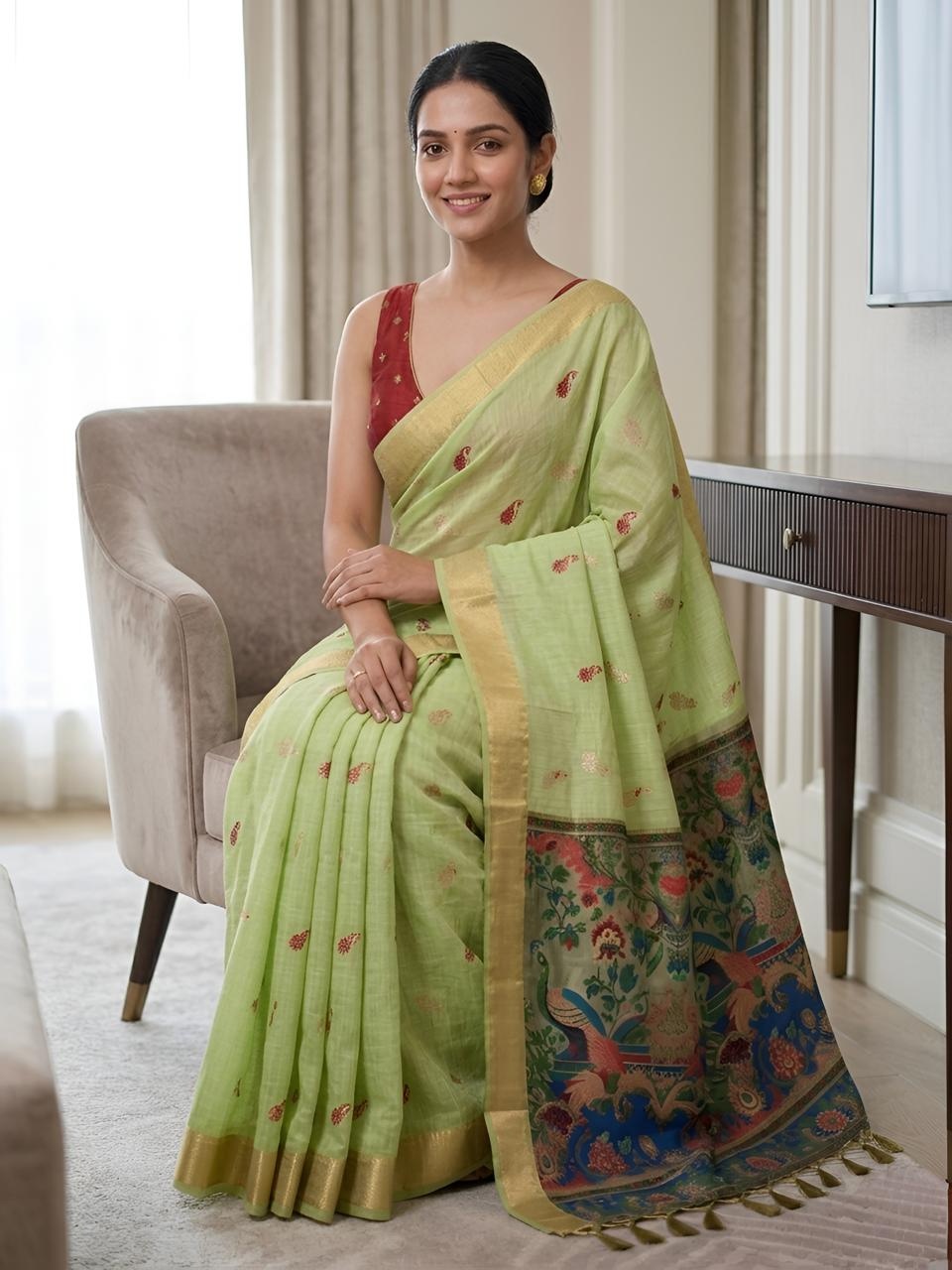 Green Peacock Kalamkari Woven Cotton Silk Saree