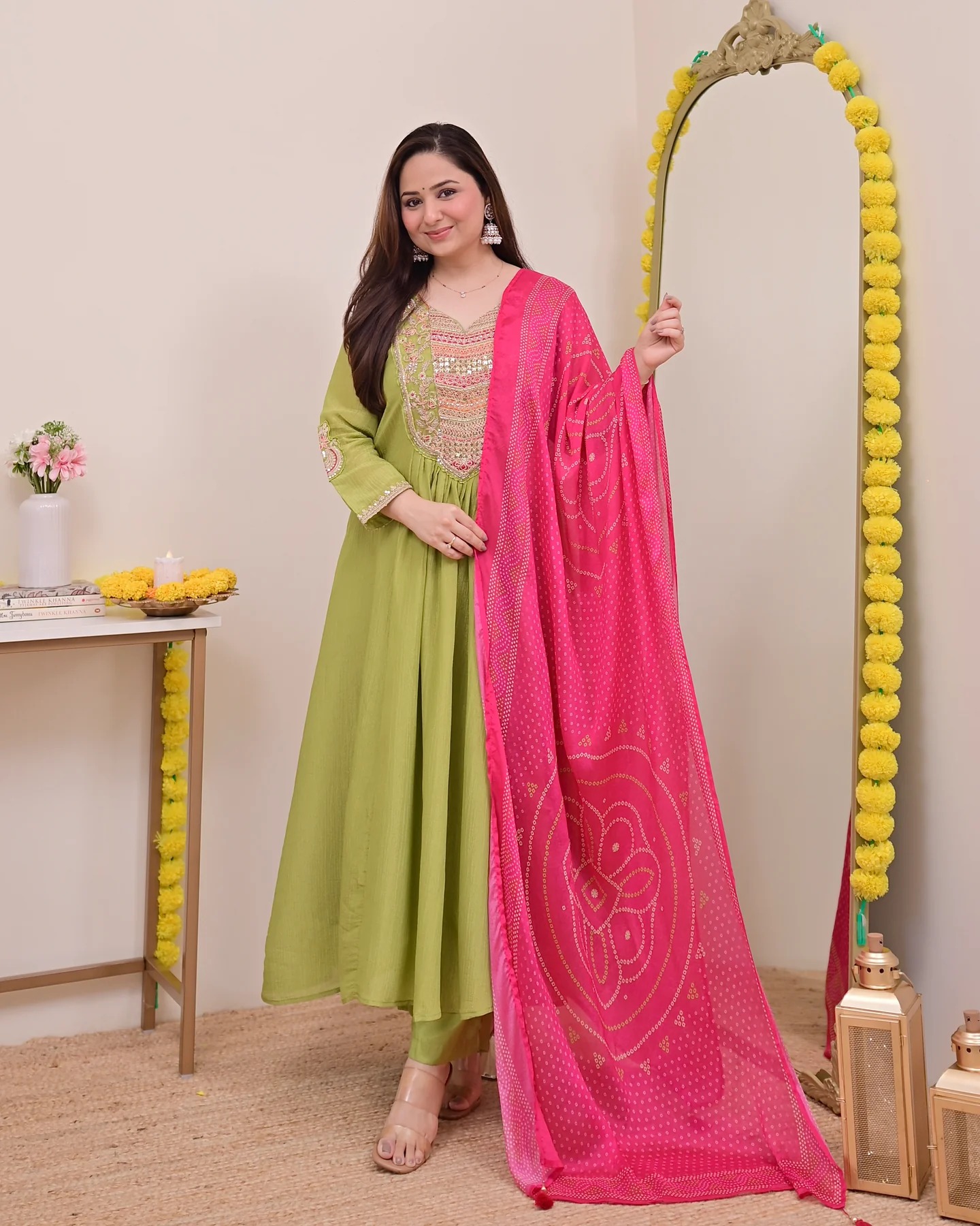 Green Pink Chinon Printed Embroidered Salwar Suit