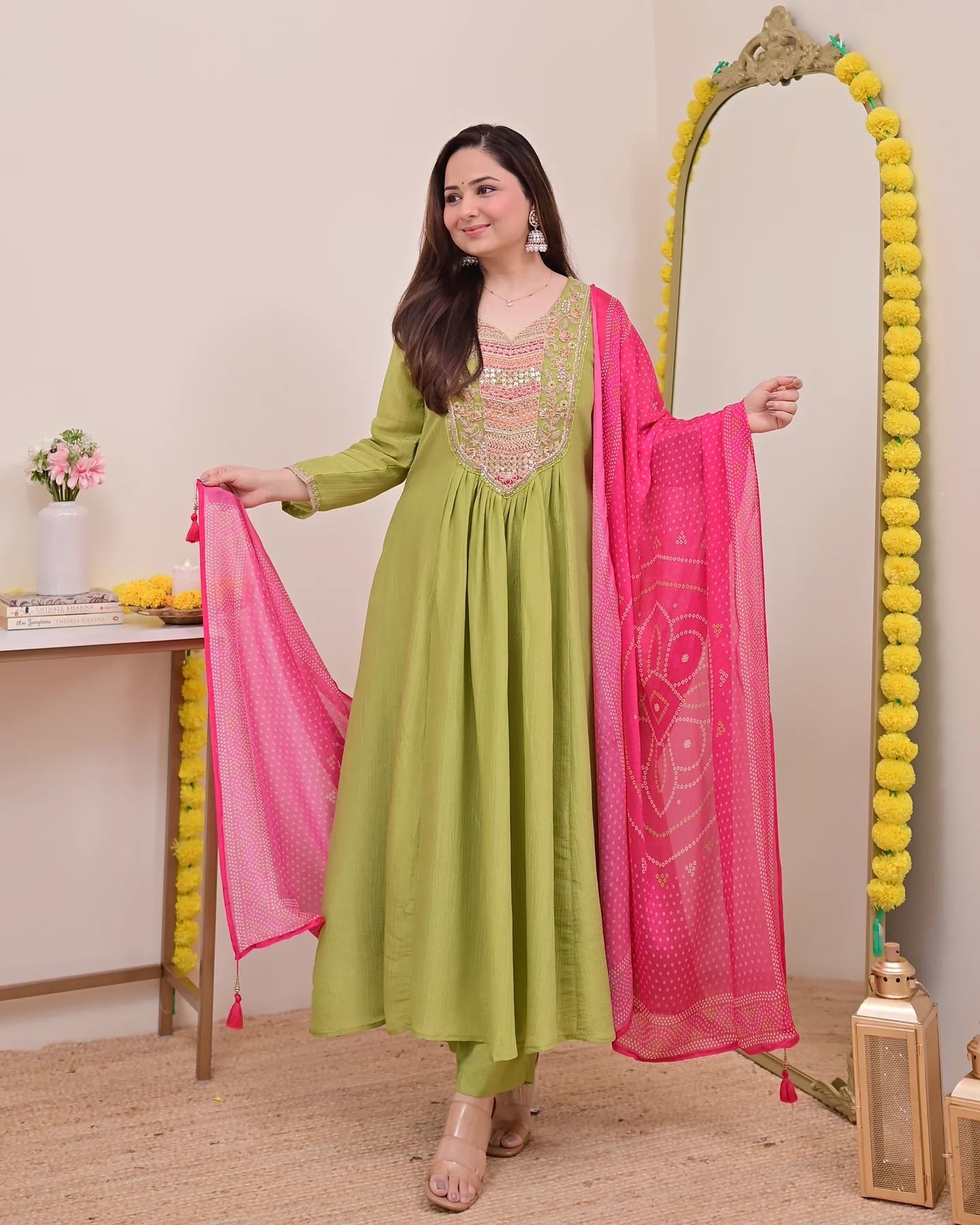 Green Pink Chinon Printed Embroidered Salwar Suit — alternate view