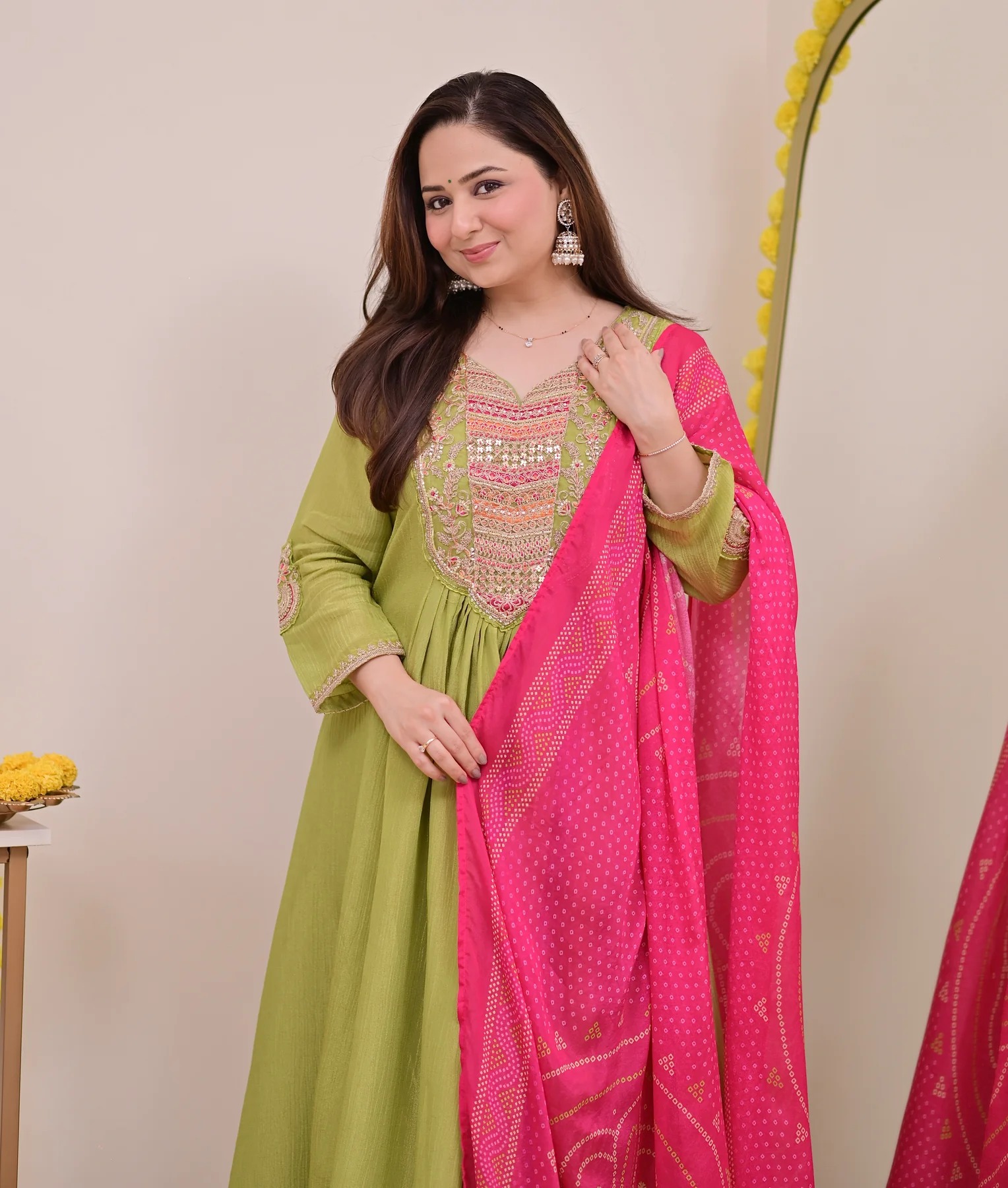 Green Pink Chinon Printed Embroidered Salwar Suit