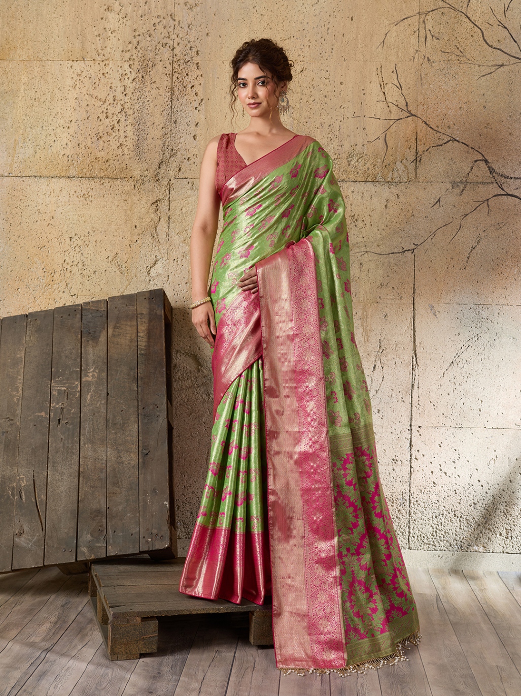 Green Pink Floral Woven Soft Silk Designer Saree