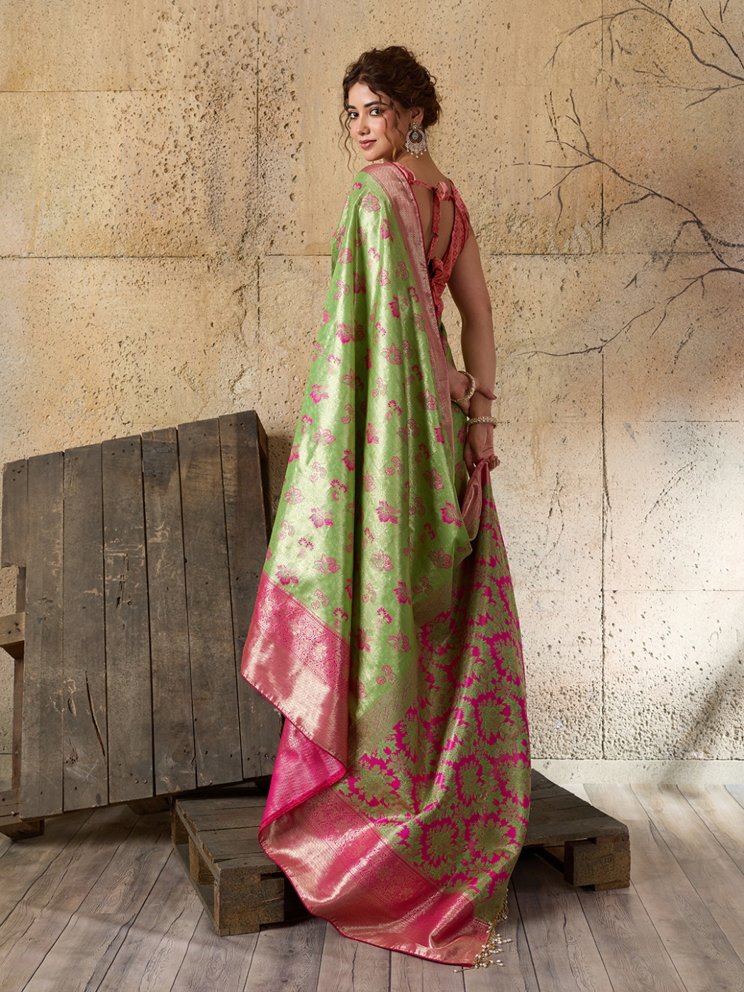 Green Pink Floral Woven Soft Silk Designer Saree — alternate view