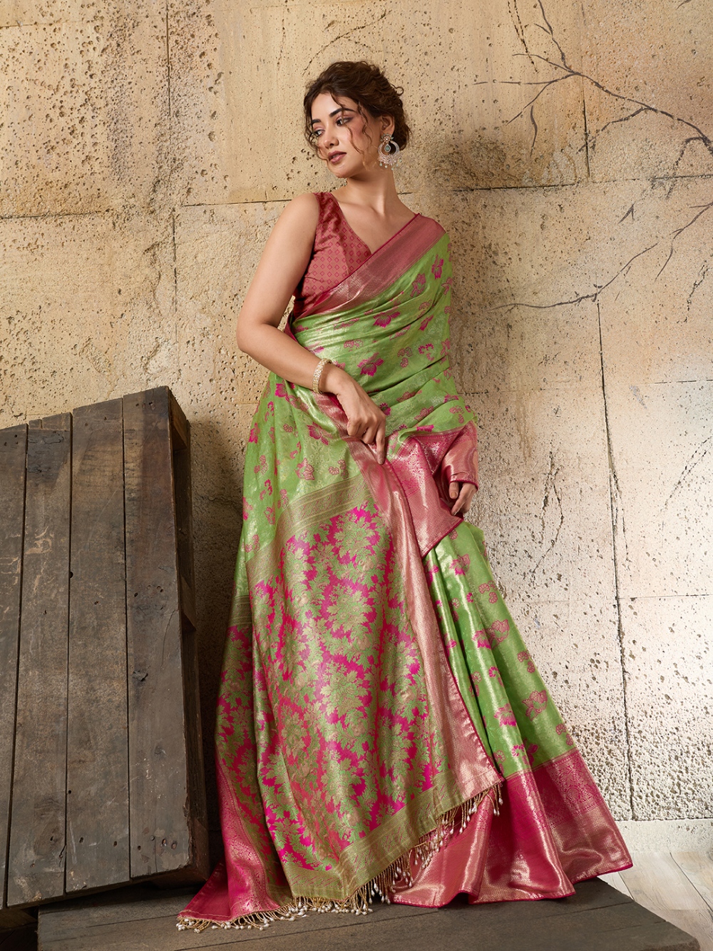 Green Pink Floral Woven Soft Silk Designer Saree