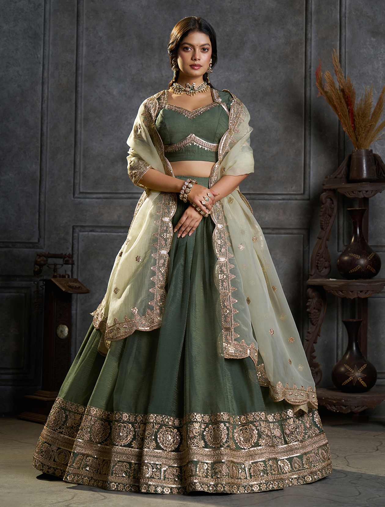Green Pista Designer Embroidery Organza Lehenga Choli