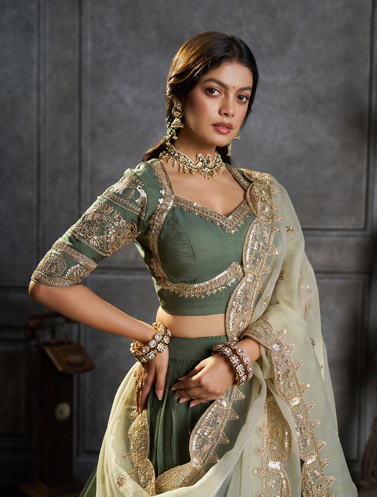 Green Pista Designer Embroidery Organza Lehenga Choli