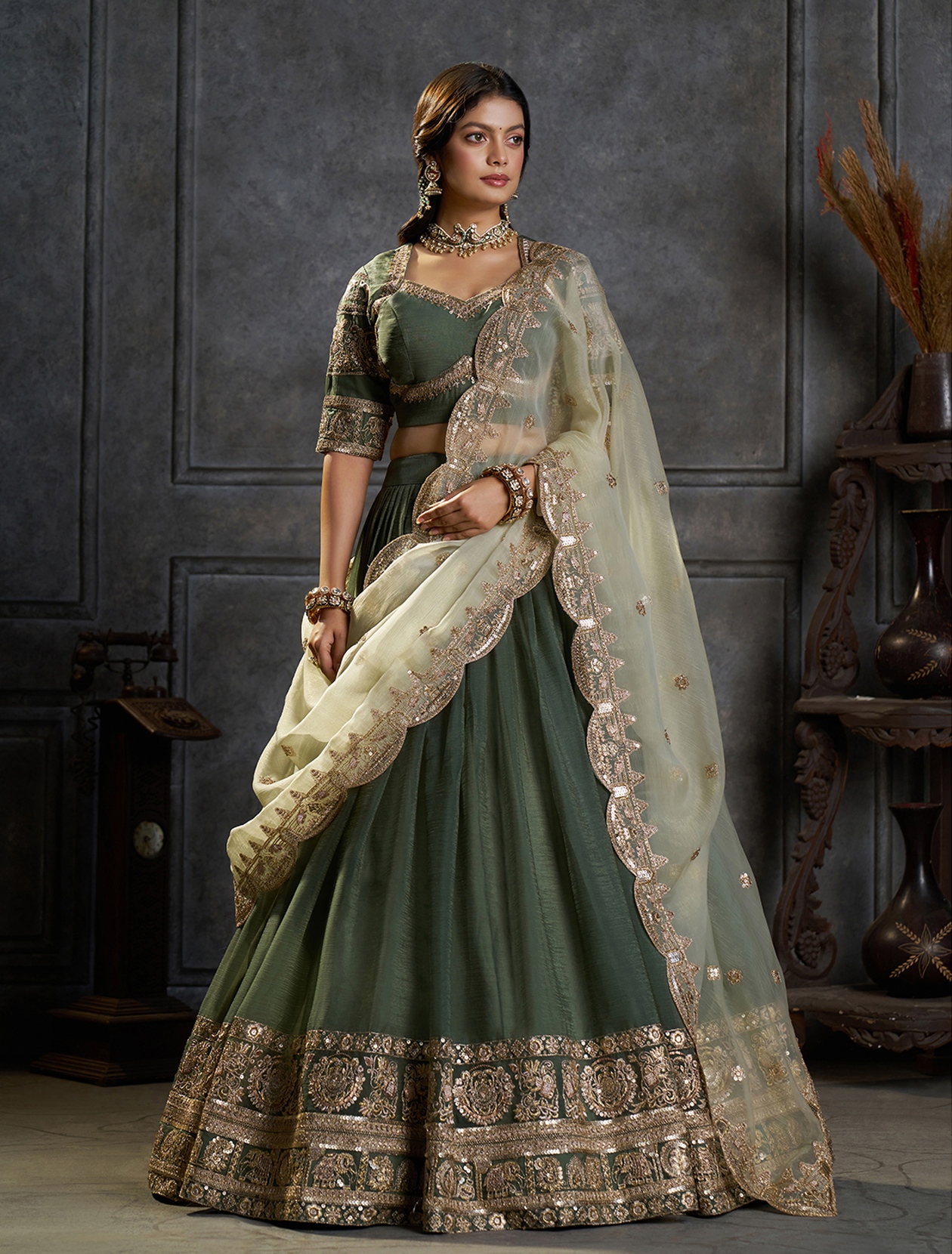 Green Pista Designer Embroidery Organza Lehenga Choli