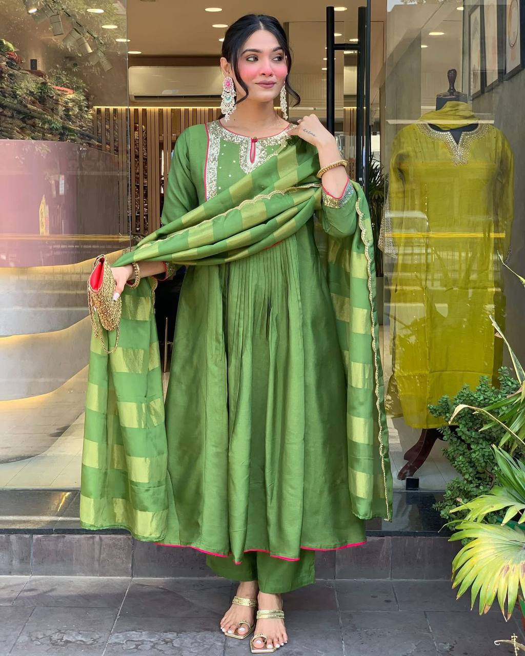 Green Placement Embroidery Embroidered Viscose Flared Salwar Suit