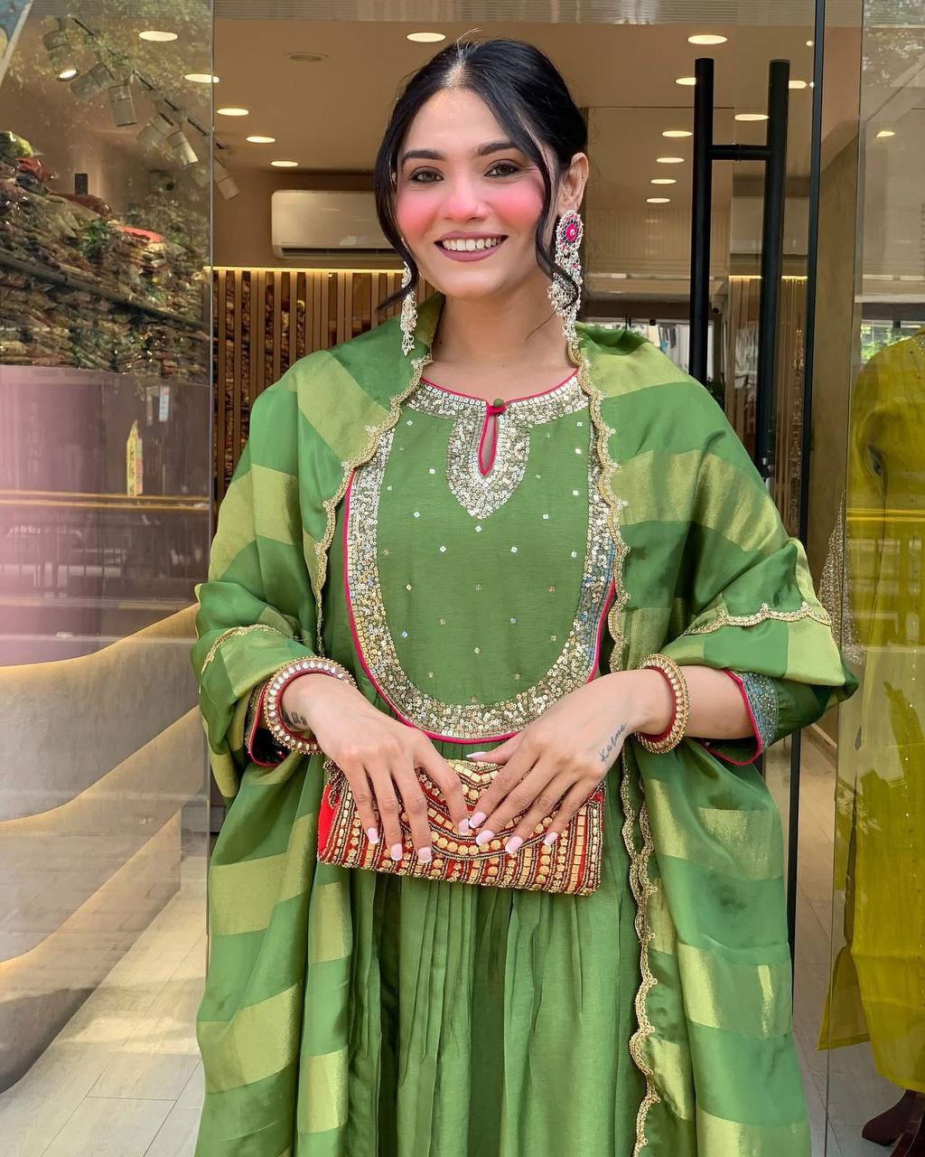 Green Placement Embroidery Embroidered Viscose Flared Salwar Suit — alternate view