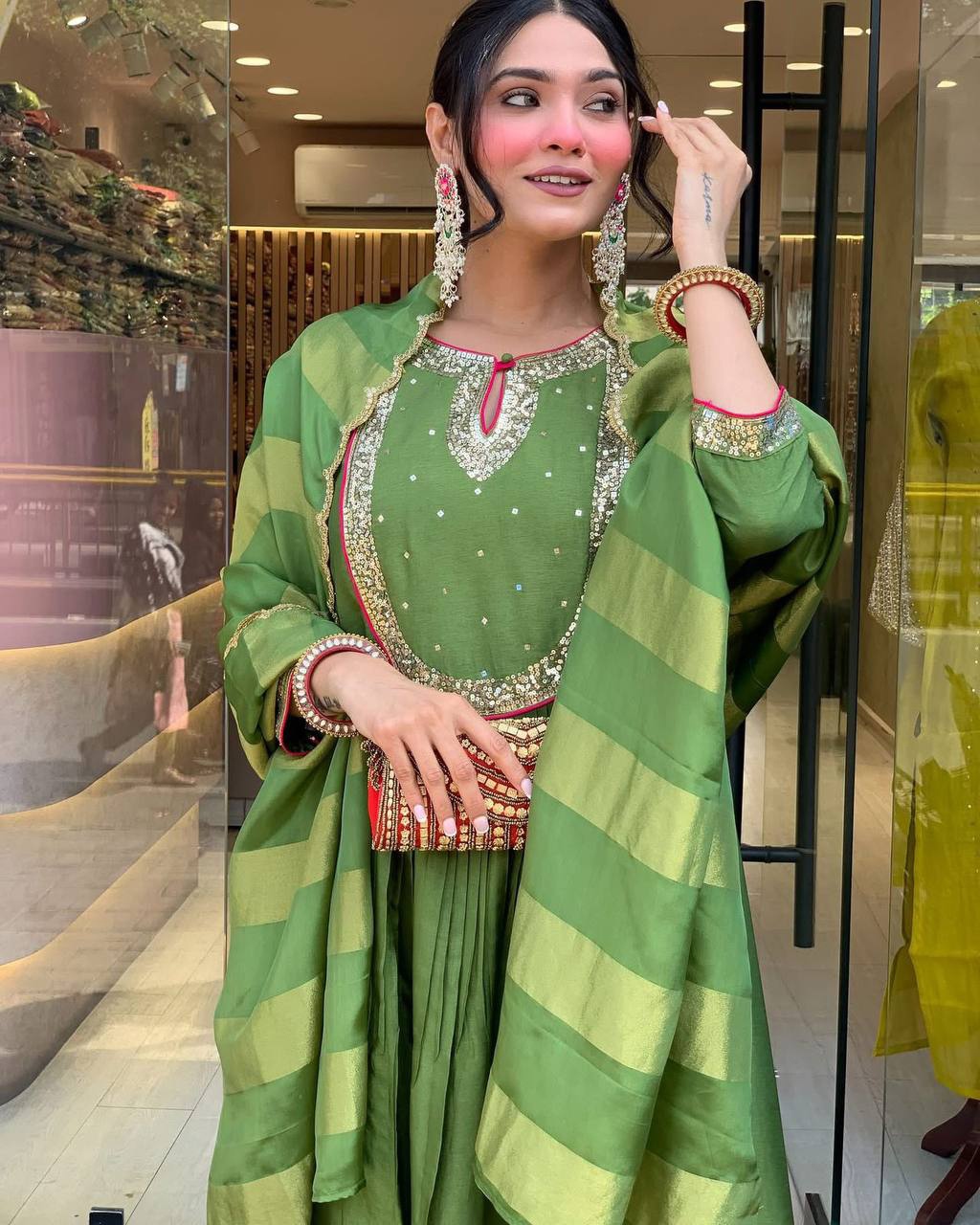 Green Placement Embroidery Embroidered Viscose Flared Salwar Suit
