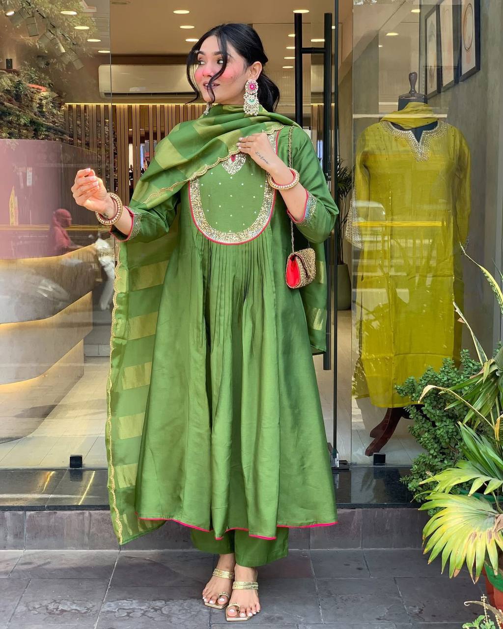 Green Placement Embroidery Embroidered Viscose Flared Salwar Suit